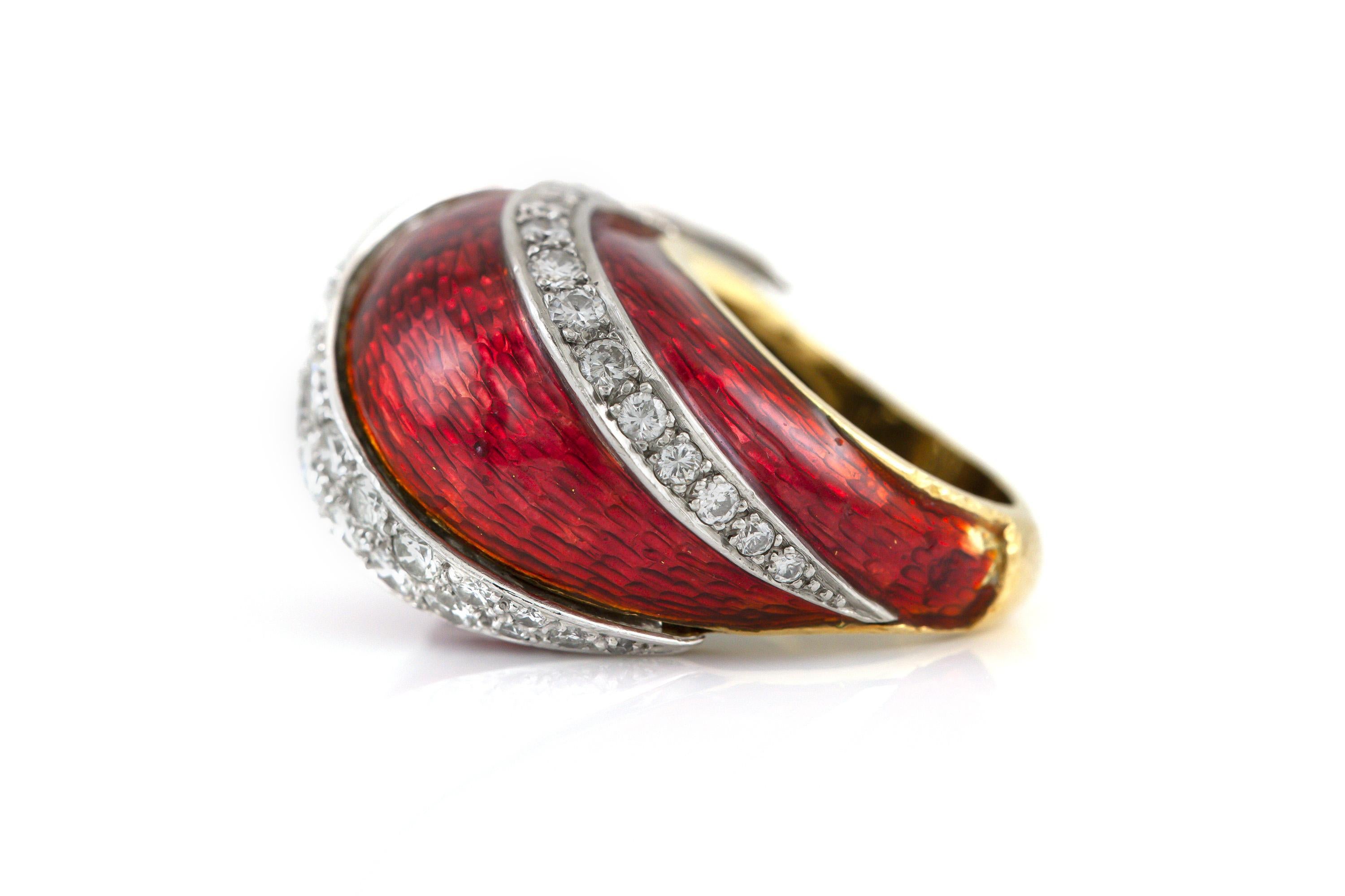Round Cut Vintage 1960s Red Enamel and Diamonds Domed Cocktail Ring For Sale