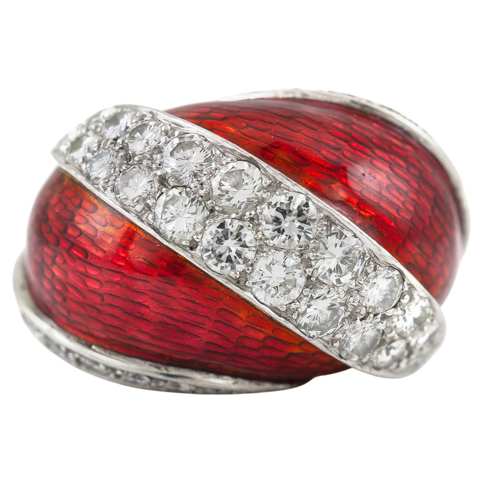 Vintage 1960er Jahre Rot Emaille und Diamanten gewölbter Cocktail-Ring