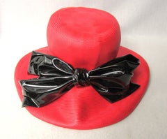 Red  Straw Black Bow Derby Hat Vintage 1960s