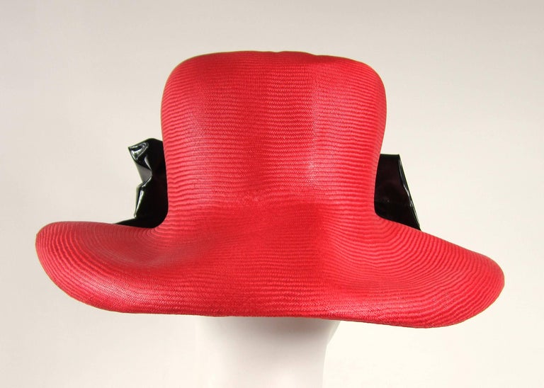 Vintage 1960s Red Mod Straw Black Bow Derby Hat For Sale at 1stDibs
