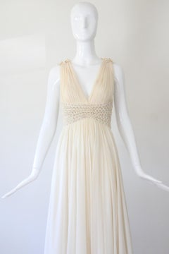 Vintage 1960's Richilene Cream Silk Chiffon Grecian Evening Gown US 0 UK 4