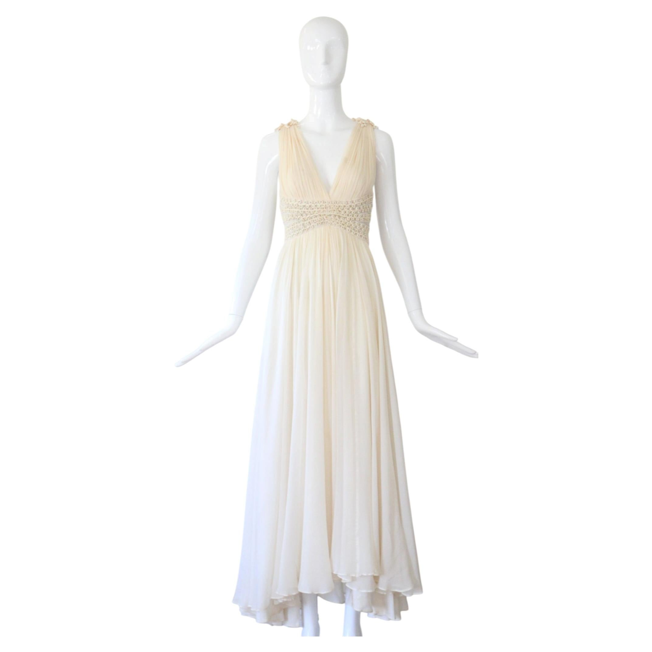 Vintage 1960's Richilene Cream Silk Chiffon Grecian Evening Gown US 0 UK 4