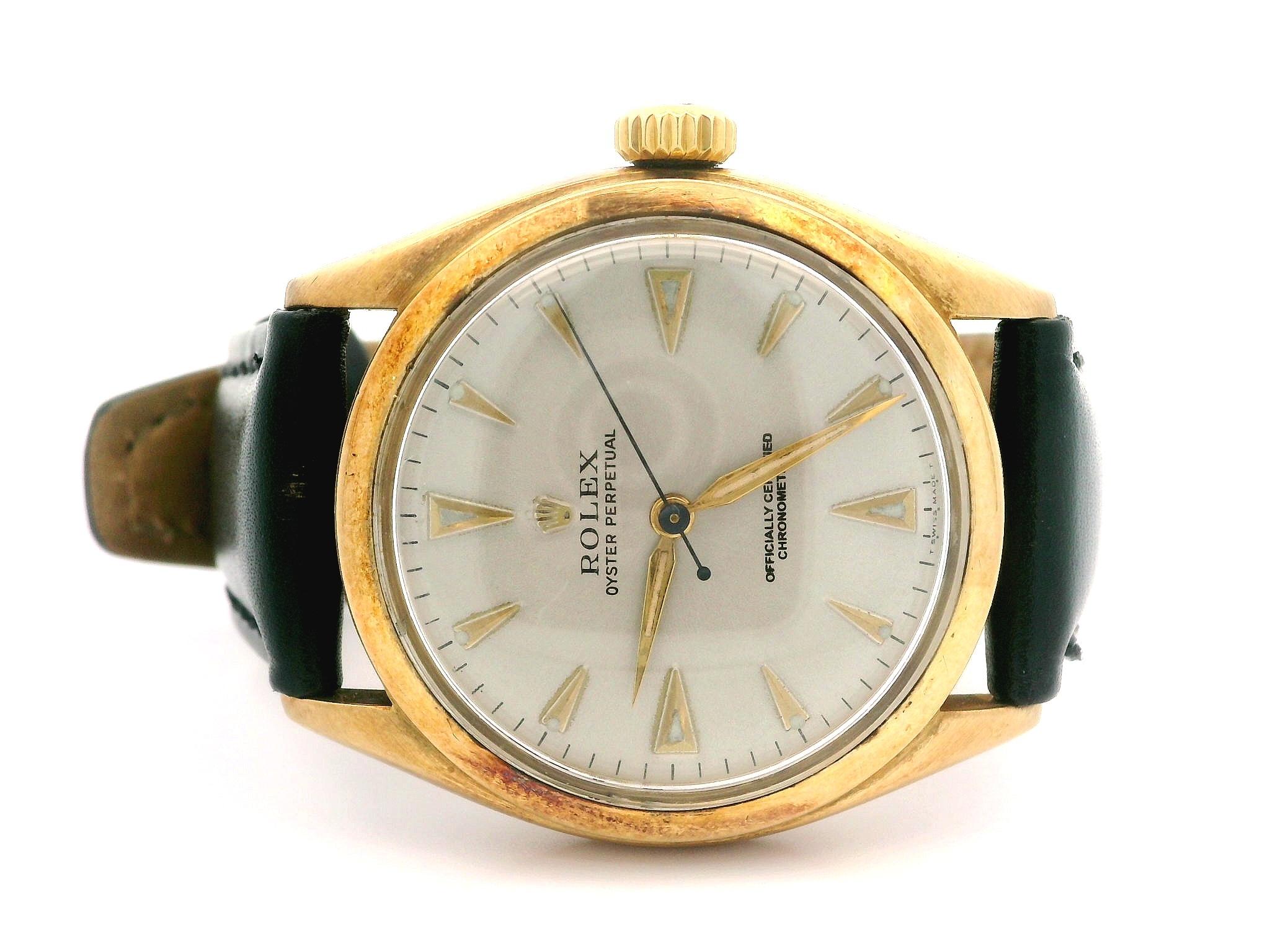 Vintage 1960's Rolex Oyster Perpetual 14k Yellow Gold 34mm Wrist Watch Ref 6084 Unisexe en vente