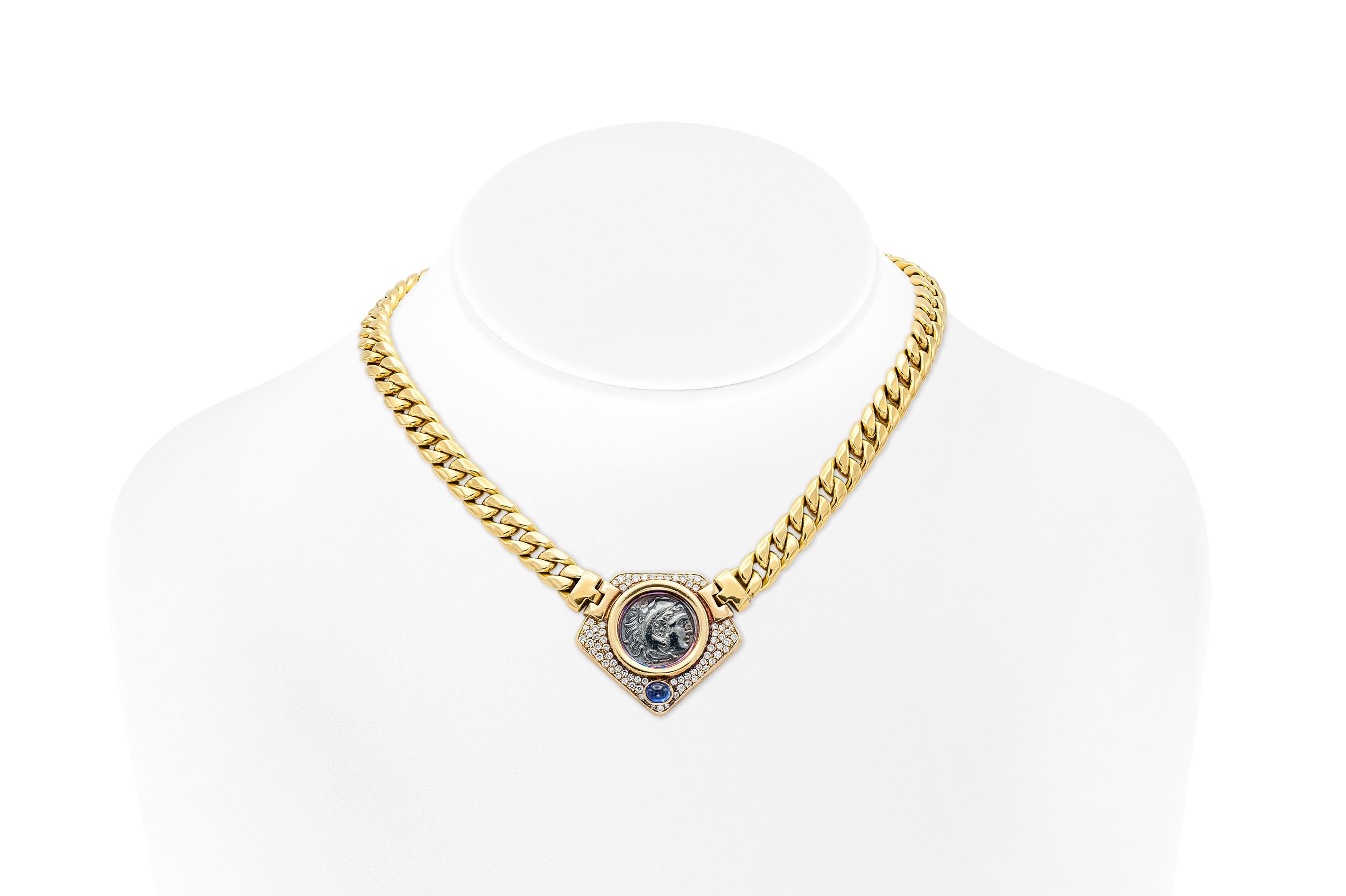 Finely crafted in 18k yellow gold with a Roman coin, Round Brilliant cut Diamonds weighing approximately a total of 2.00 carats, and a Cabochon Sapphire weighing approximately 0.50 carats.
Made in France
Circa 1960s
16 1/2 inches long