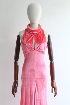 Vintage 1960's Rose Pink Velvet Evening Dress Keyhole Neckline Pink Dress UK 8