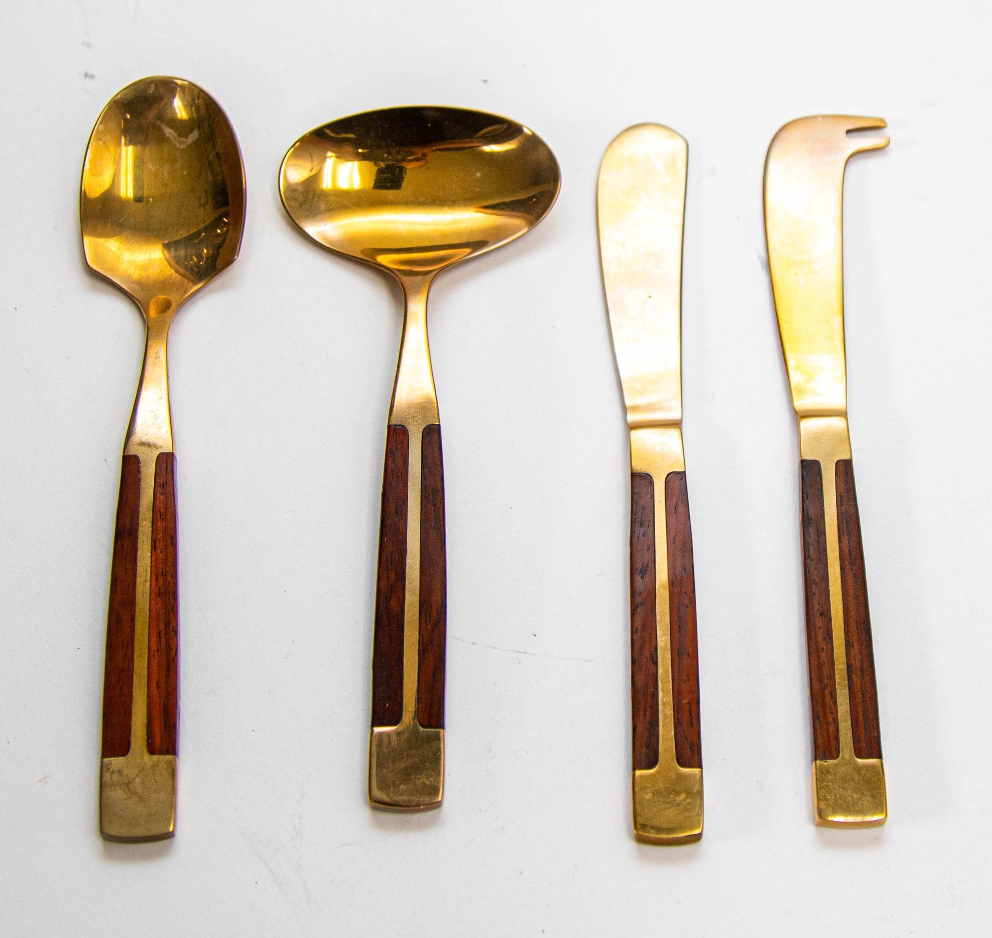 Hand-Crafted Vintage 1960s Rosewood and Bronze Flatware Set by Jean Claude 89 pieces For Sale