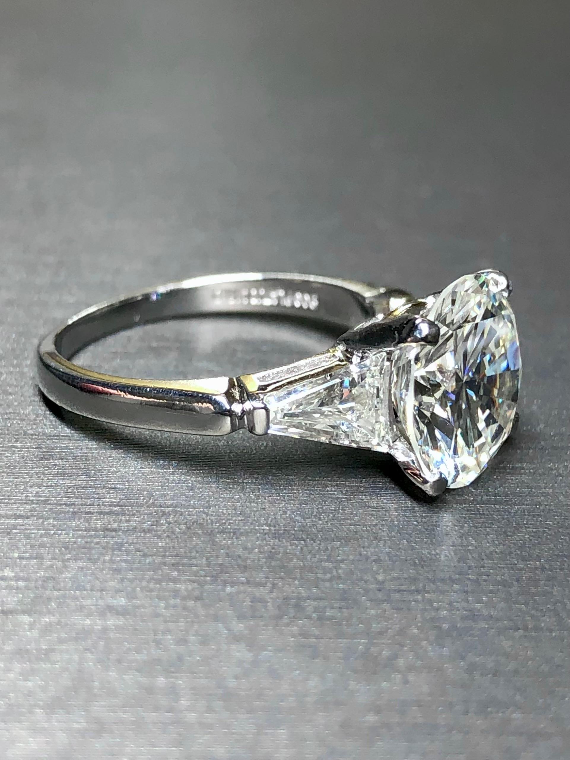 Round Cut Vintage 1960’s Round Diamond 3 Stone Baguette Engagement Ring 3.53ct I Si1 GIA For Sale