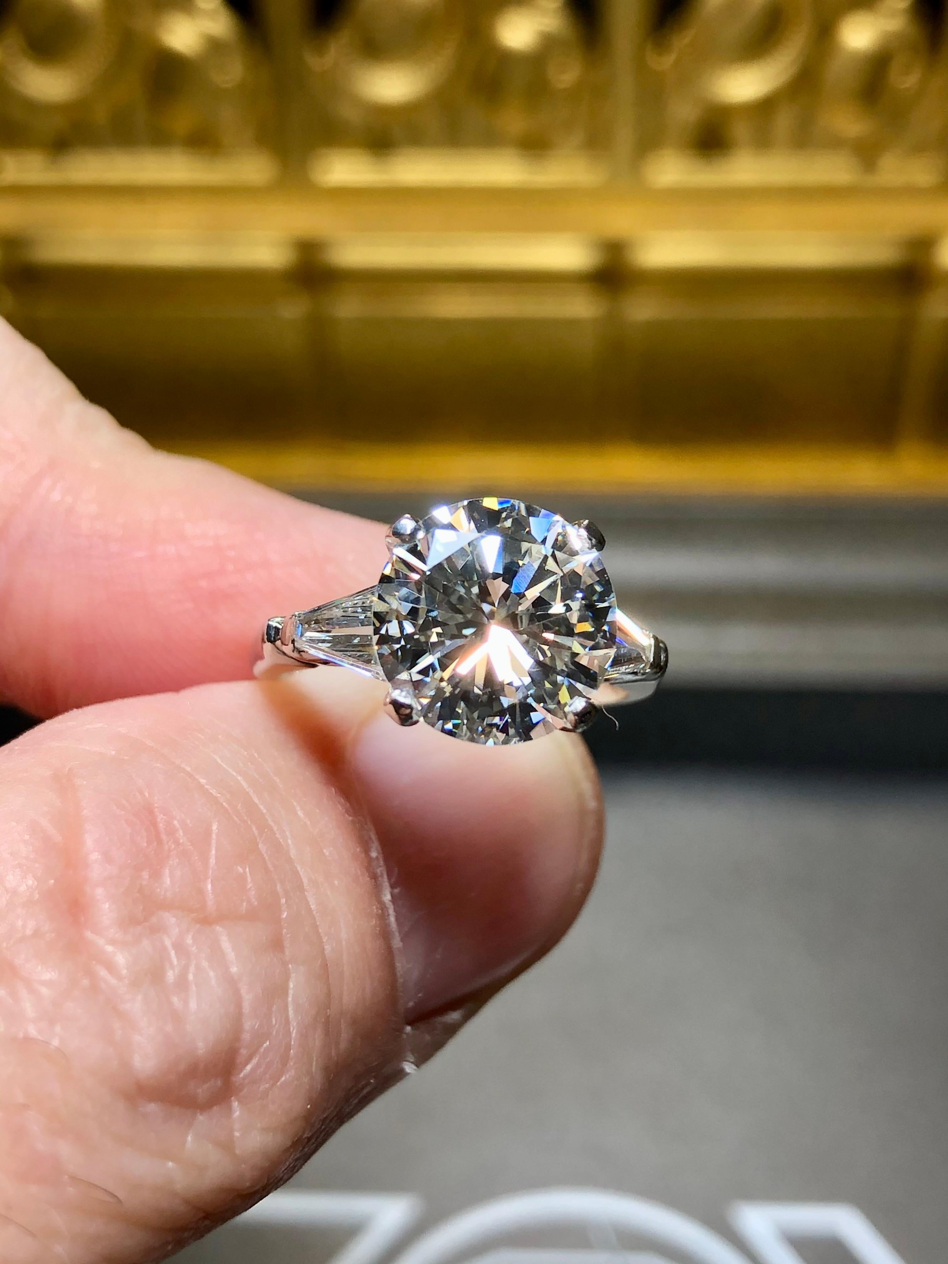 Vintage 1960’s Round Diamond 3 Stone Baguette Engagement Ring 3.53ct I Si1 GIA For Sale 1