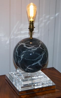 Vintage 1960s Round Marble Finish Lamp with Stepped Perspex Base Mirrored Edges