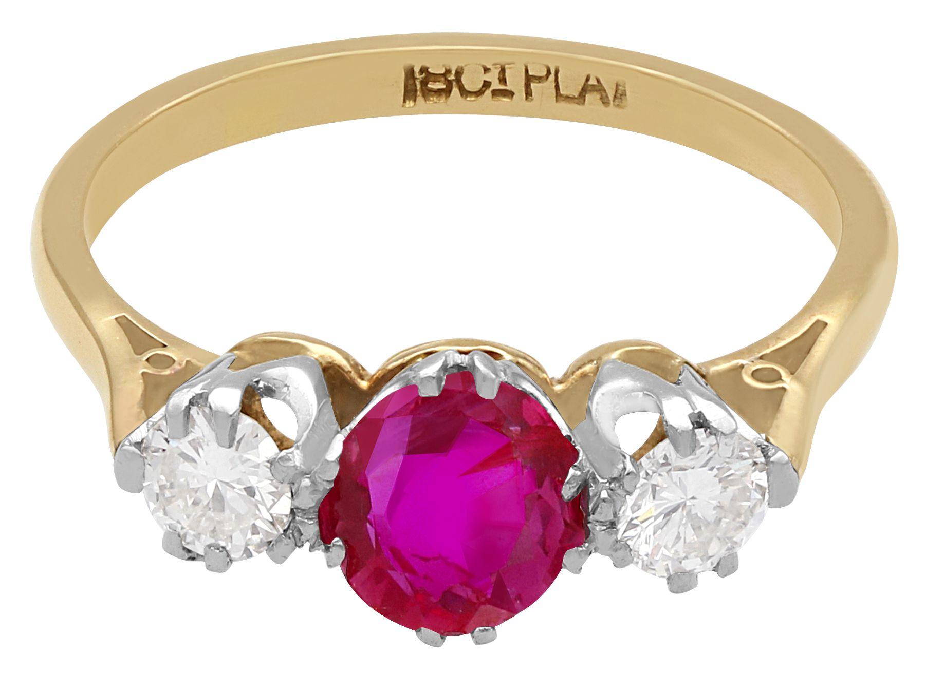 Oval Cut Vintage 1960s Ruby Diamond and Yellow Gold Three-Stone Ring For Sale