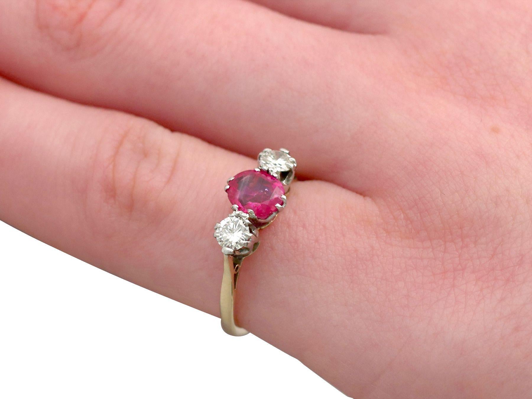 Vintage 1960s Ruby Diamond and Yellow Gold Three-Stone Ring For Sale 1