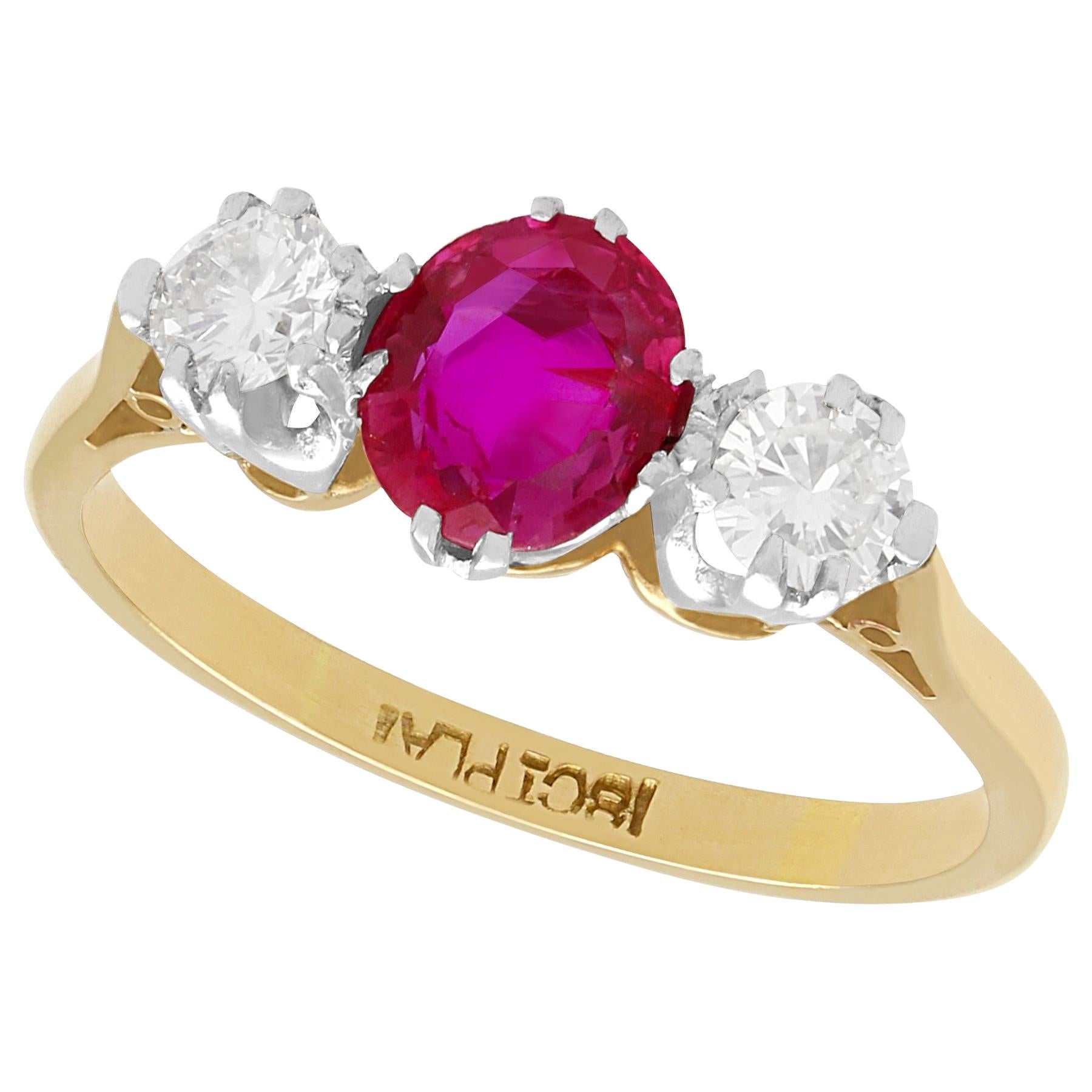 Vintage 1960s Ruby Diamond and Yellow Gold Three-Stone Ring For Sale