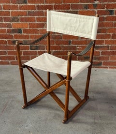 Vintage 1960s Safari Chair in Leather, Brass and Canvas