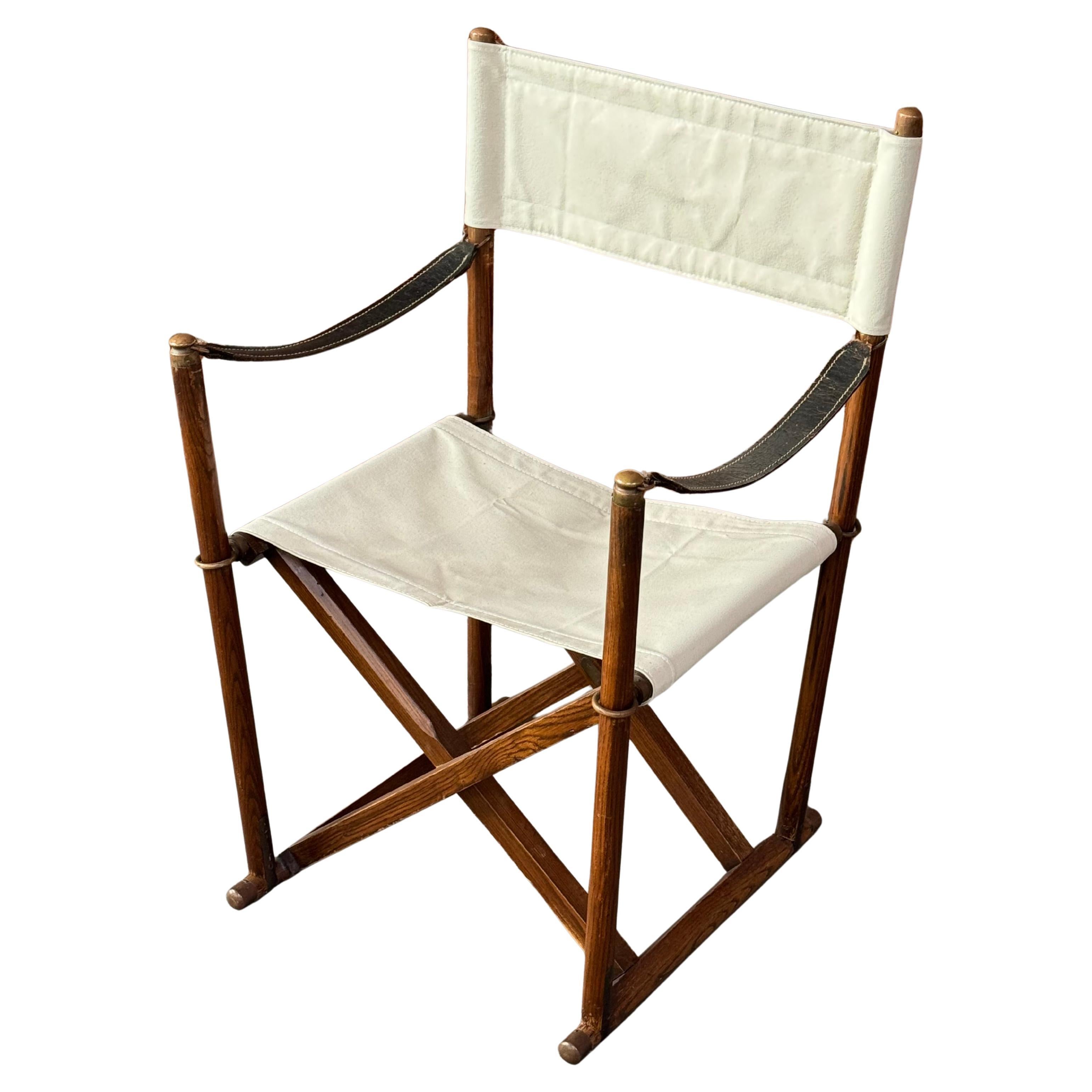 Silla Safari Vintage de los años 60 en cuero, latón y lona