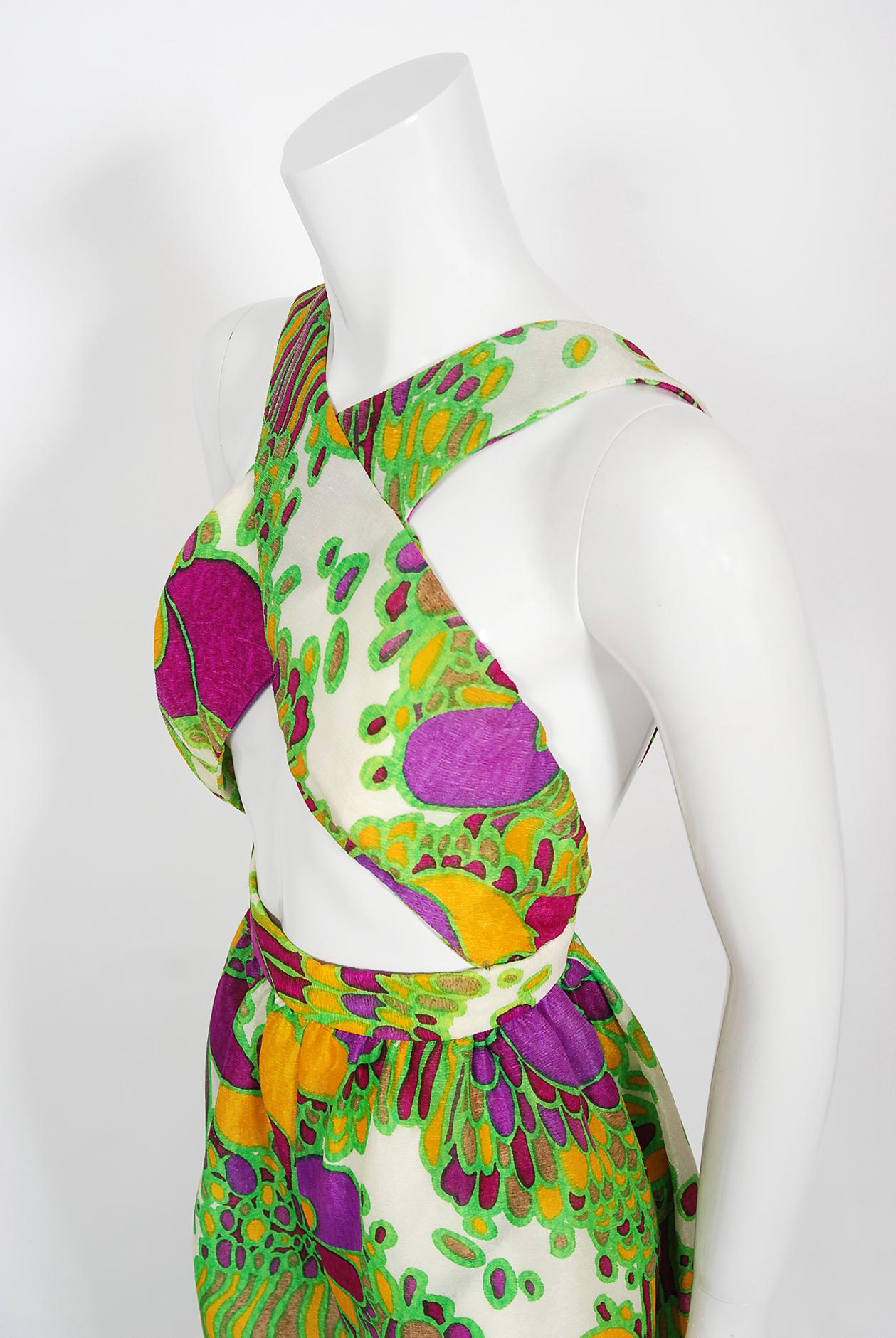 Vintage 1960's Saks Fifth Avenue Psychedelic Print Silk Cut-Out Harem Jumpsuit In Good Condition In Beverly Hills, CA