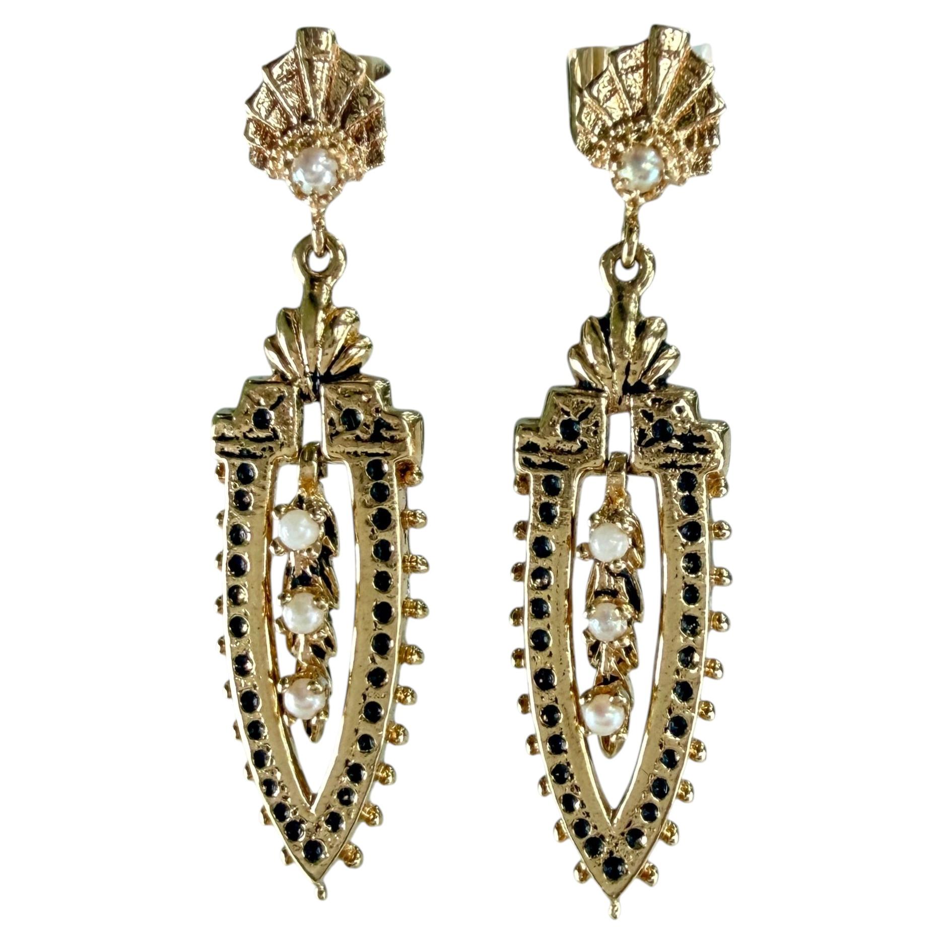 Vintage 1960's Seed Pearl Drop Dangle Earrings 14k Yellow Gold