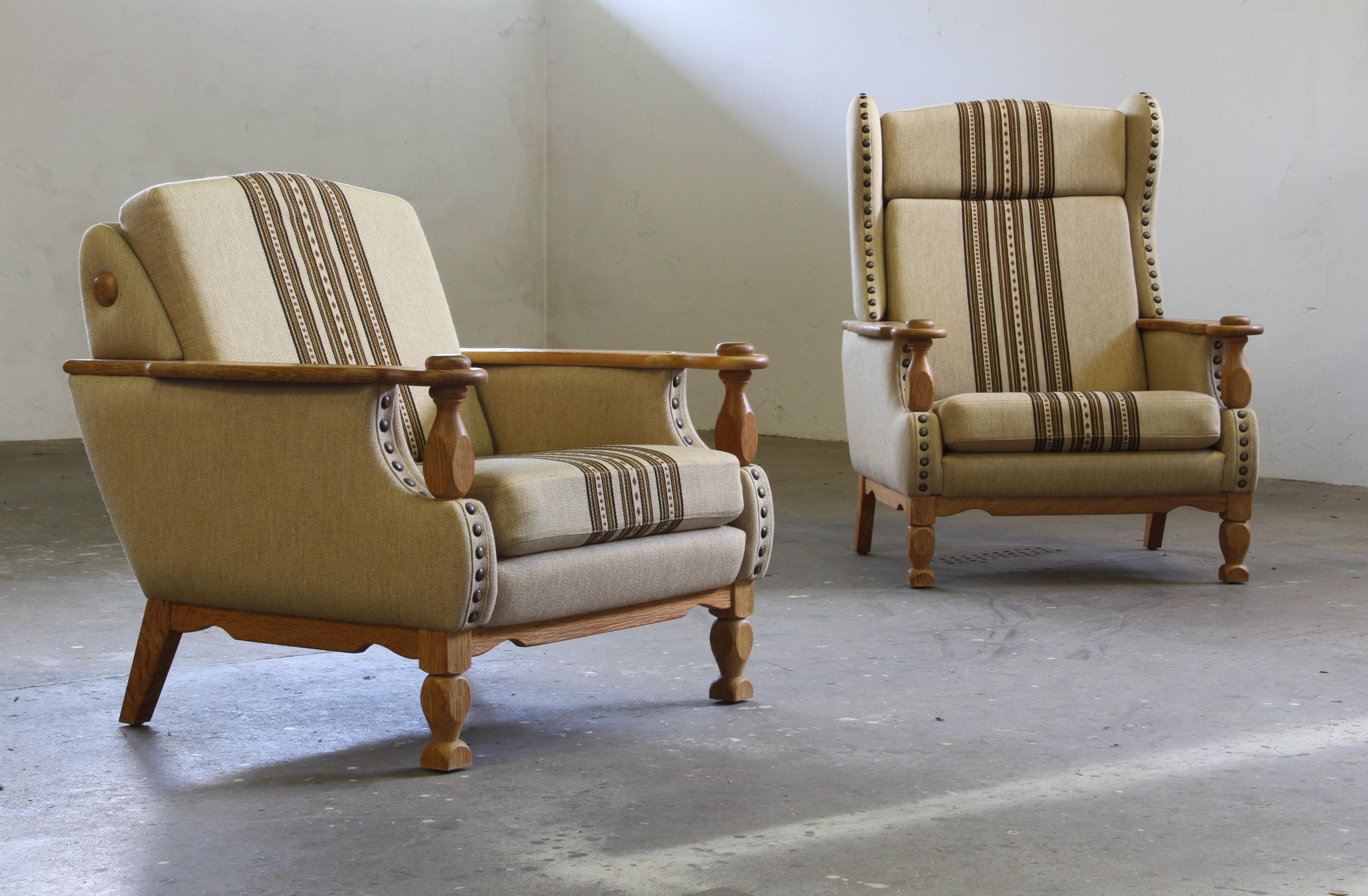 Brutalisme Vintage 1960s set of Low & High Back Lounge Chair Oak, Style of Henning Kjærnulf en vente
