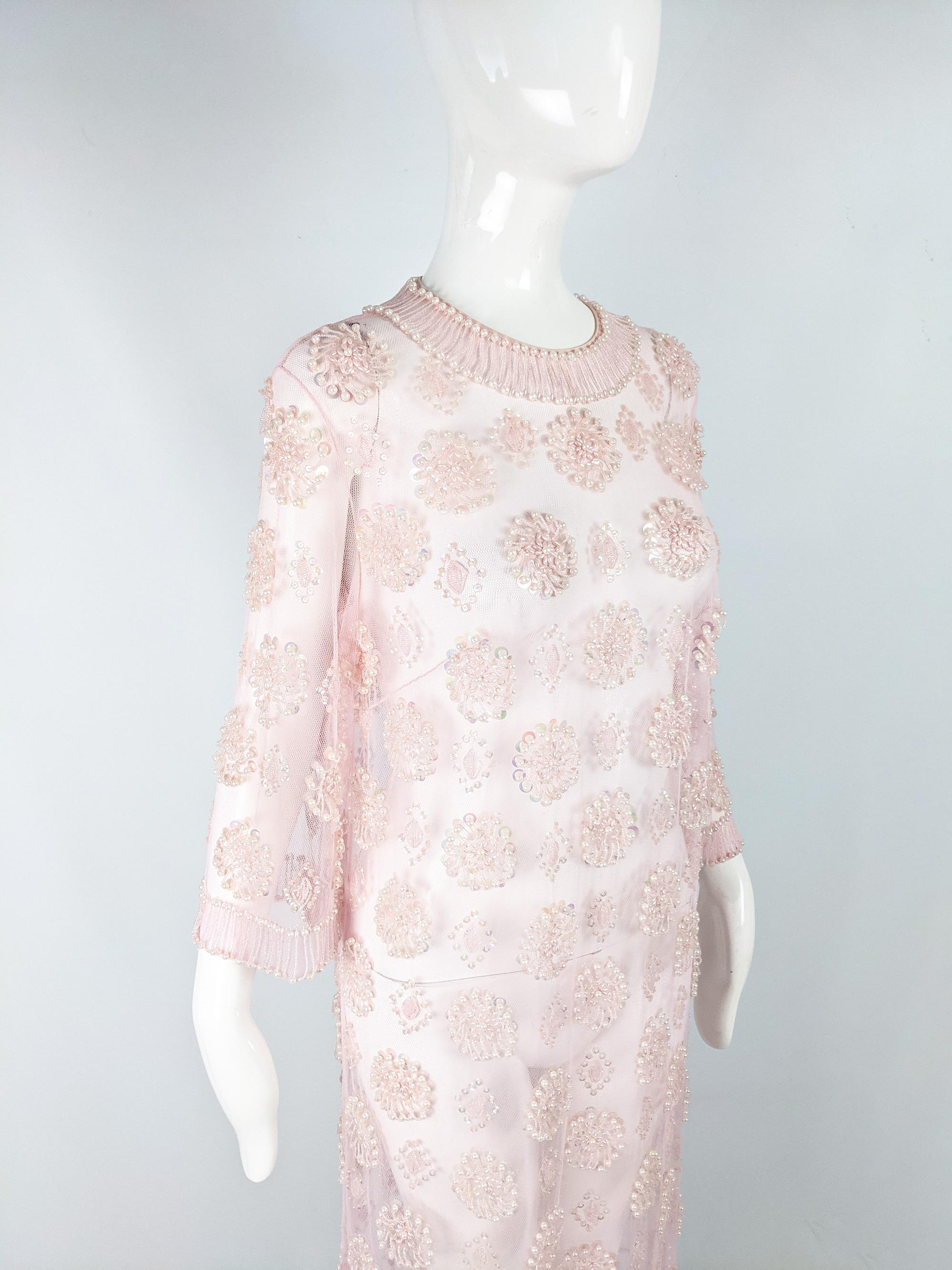 Women's Vintage 1960s Sheer Pink Beaded & Sequin Dress