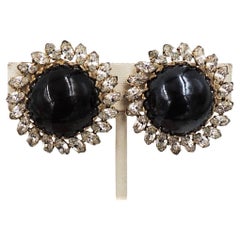 Vintage 1960s Signed Hattie Carnegie Cabochon Faux-Onyx Clip Earrings