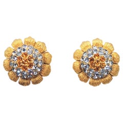 Vintage 1960s Signed Hattie Carnegie Pave Flower Clip Earrings