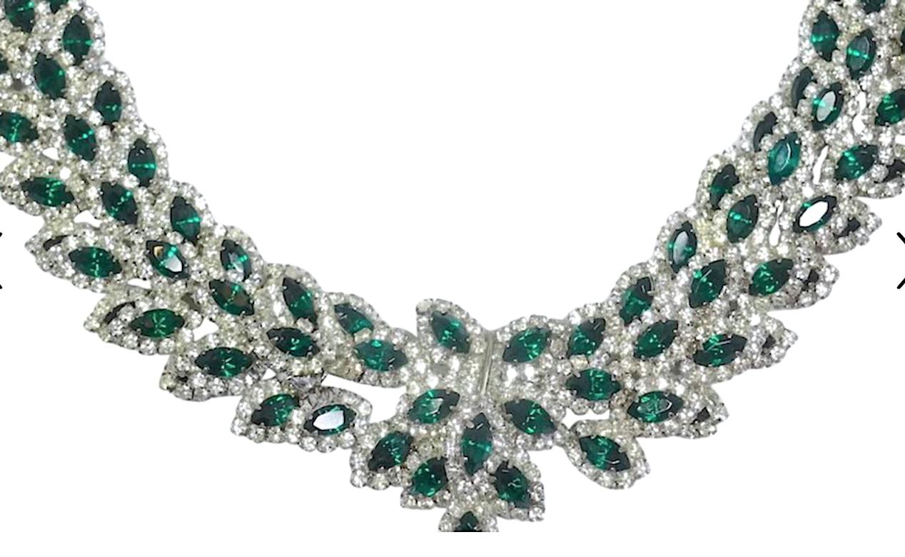 Women's Vintage 1960s Signed Les Bernard Green & Clear Crystal Necklace For Sale