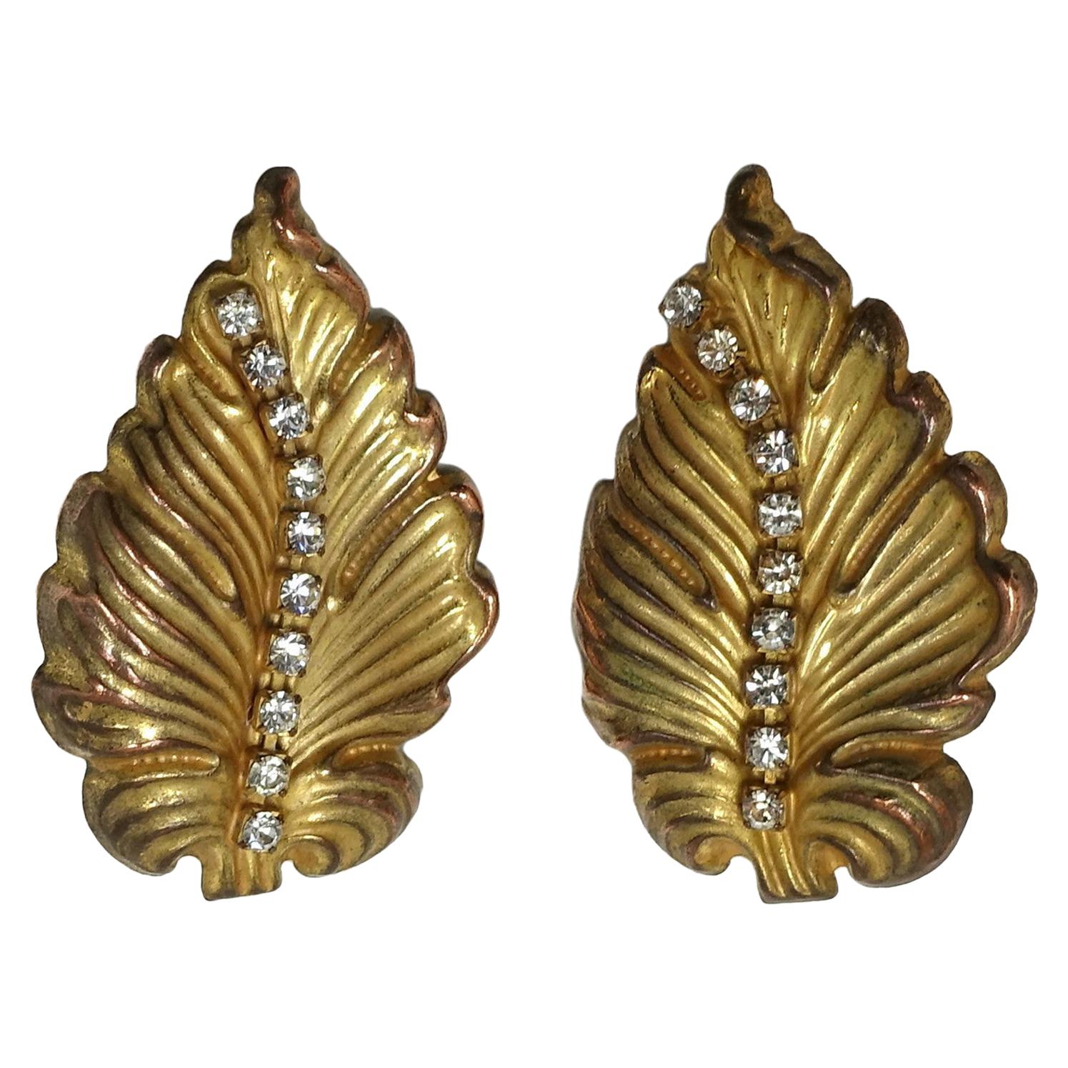 Vintage 1960s Signed Miriam Haskell Crystal Leaf Earrings For Sale