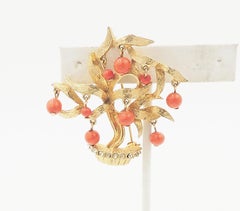 Vintage 1960s Signed Pauline Rader Faux-Coral Rhinestone Beaded Tree Pin
