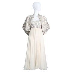 Vintage anni '60 Abito in chiffon di seta con perline e giacca coordinata UK 10 US 6