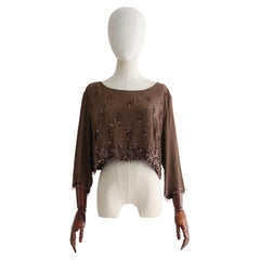 Vintage 1960er Jahre Seidenjersey-Bluse mit Perlenbesatz 1960er Jahre Cropped Seidenbluse UK 14 US 10