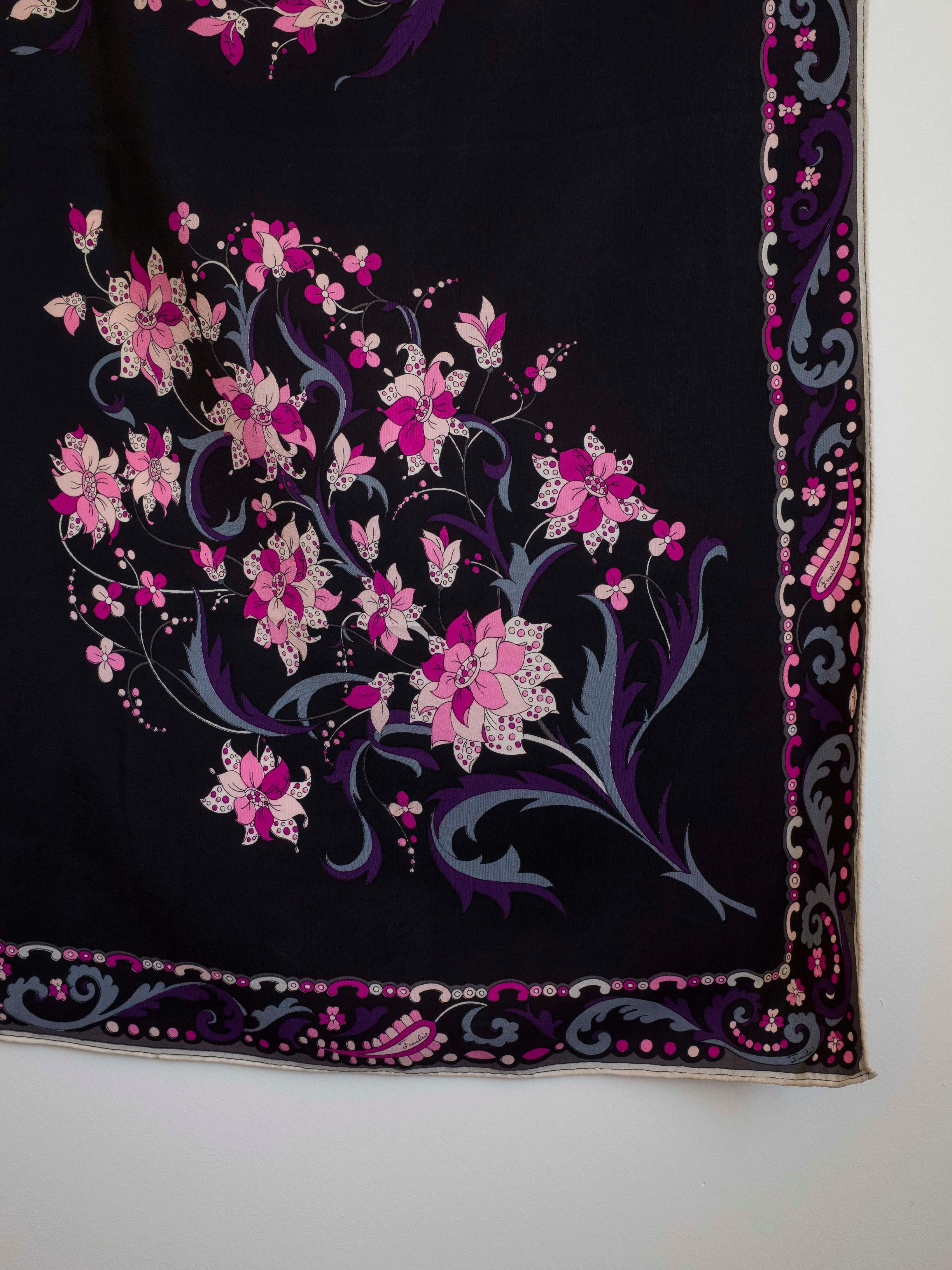 Black Vintage 1960s silk scarf by Emilio Pucci  For Sale