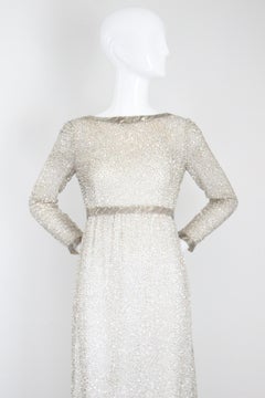 Vintage 1960s Silver Beaded Evening Gown Long Sleeve Evening Dress UK 8 US 4
