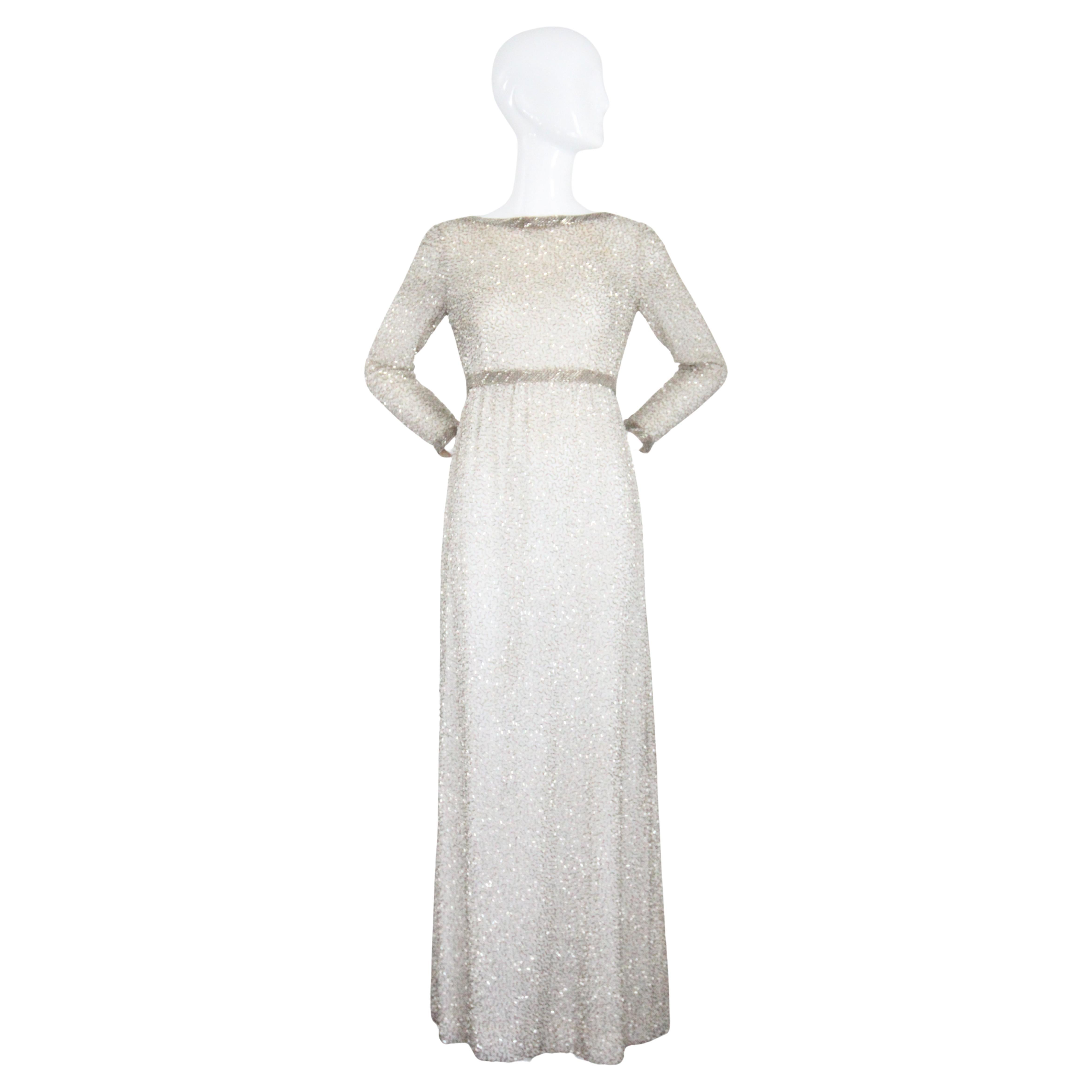 Vintage 1960s Silver Beaded Evening Gown Long Sleeve Evening Dress UK 8 US 4