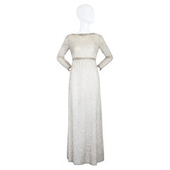 Vintage 1960s Silver Beaded Evening Gown Long Sleeve Evening Dress UK 8 US 4