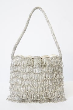 Vintage 1960's Silver Beaded Evening Purse Silver Beaded Fringed Purse Cocktail