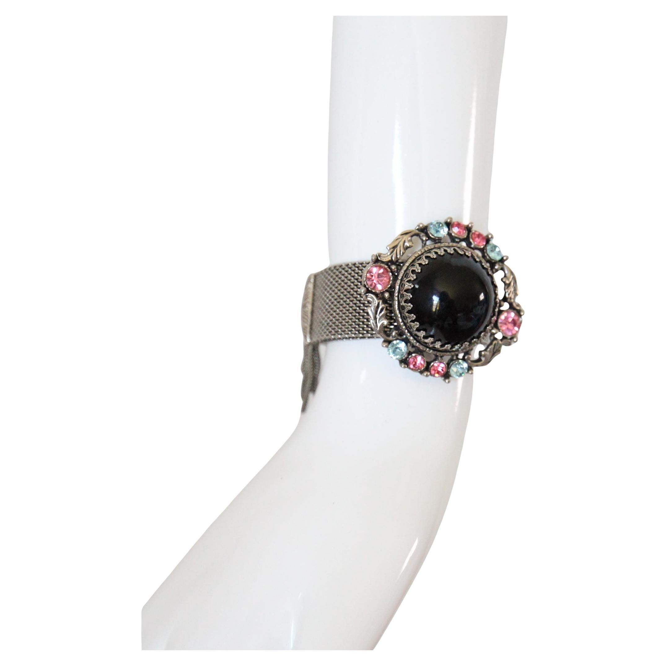Vintage 1960's silver mesh and rhinestone statement cuff bracelet For Sale