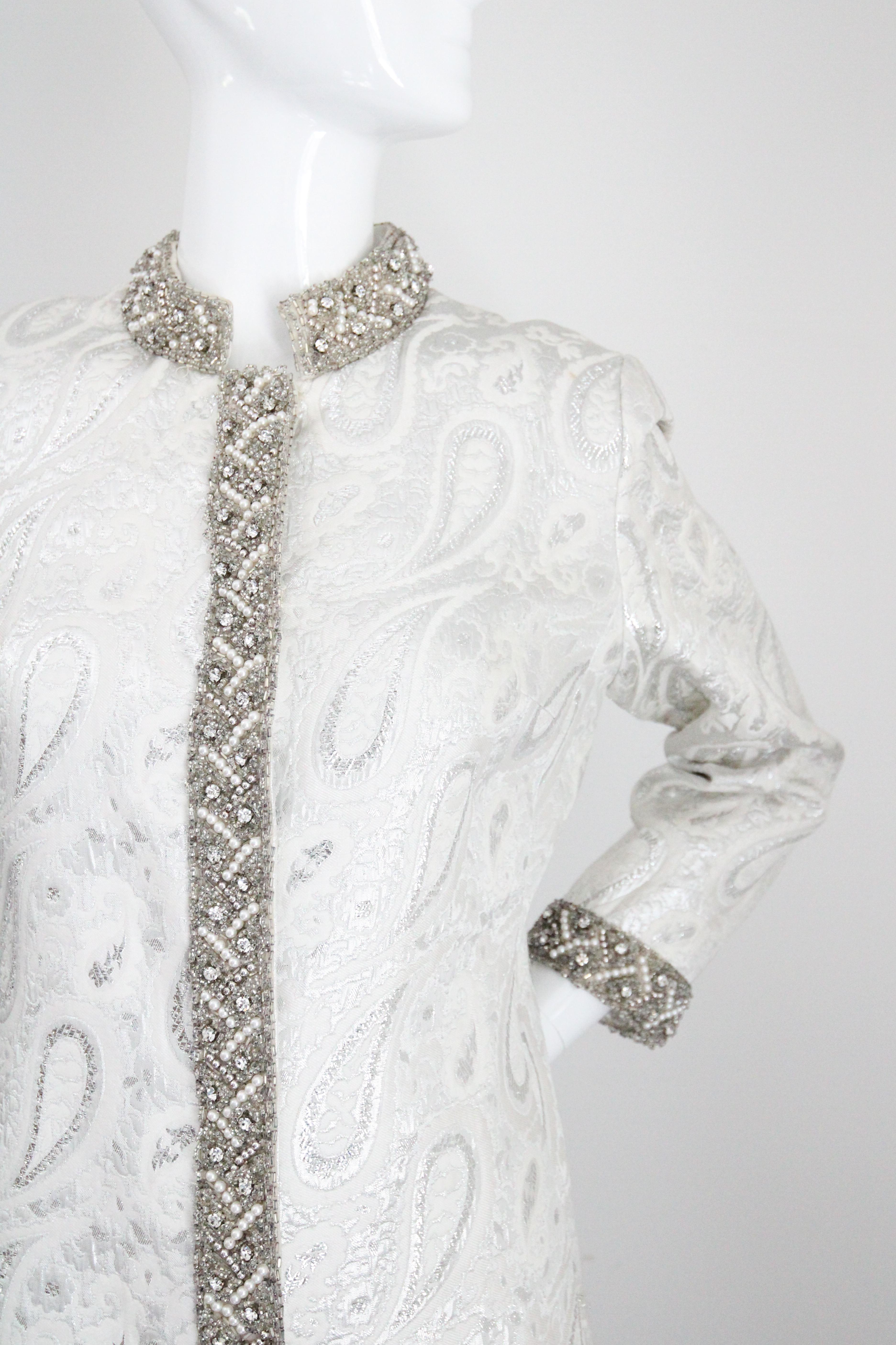 Vintage 1960s Silver Paisley Beaded Dress and coat set 1960s beaded UK 8 US 4 For Sale 9