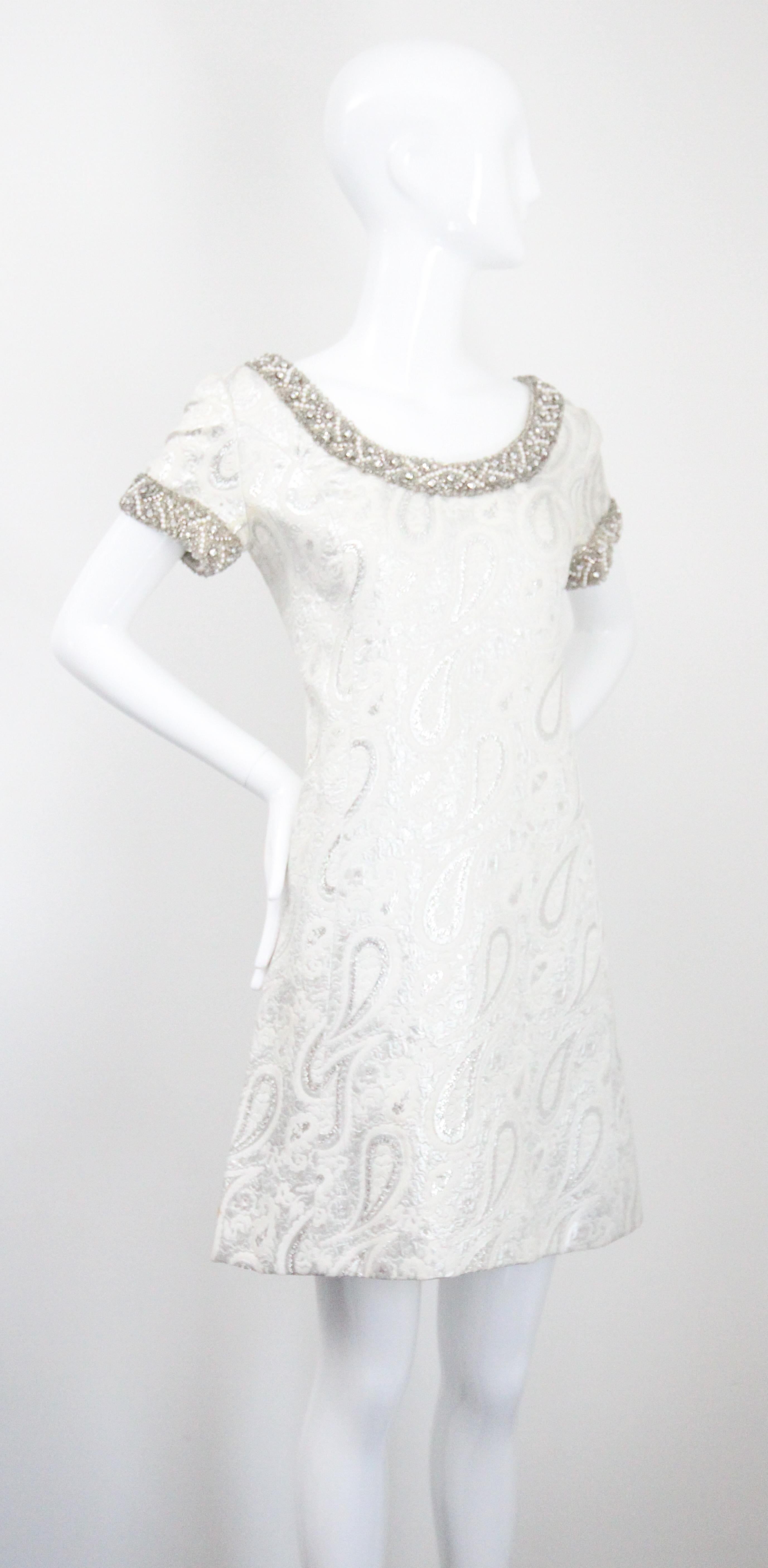 Vintage 1960s Silver Paisley Beaded Dress and coat set 1960s beaded UK 8 US 4 For Sale 1