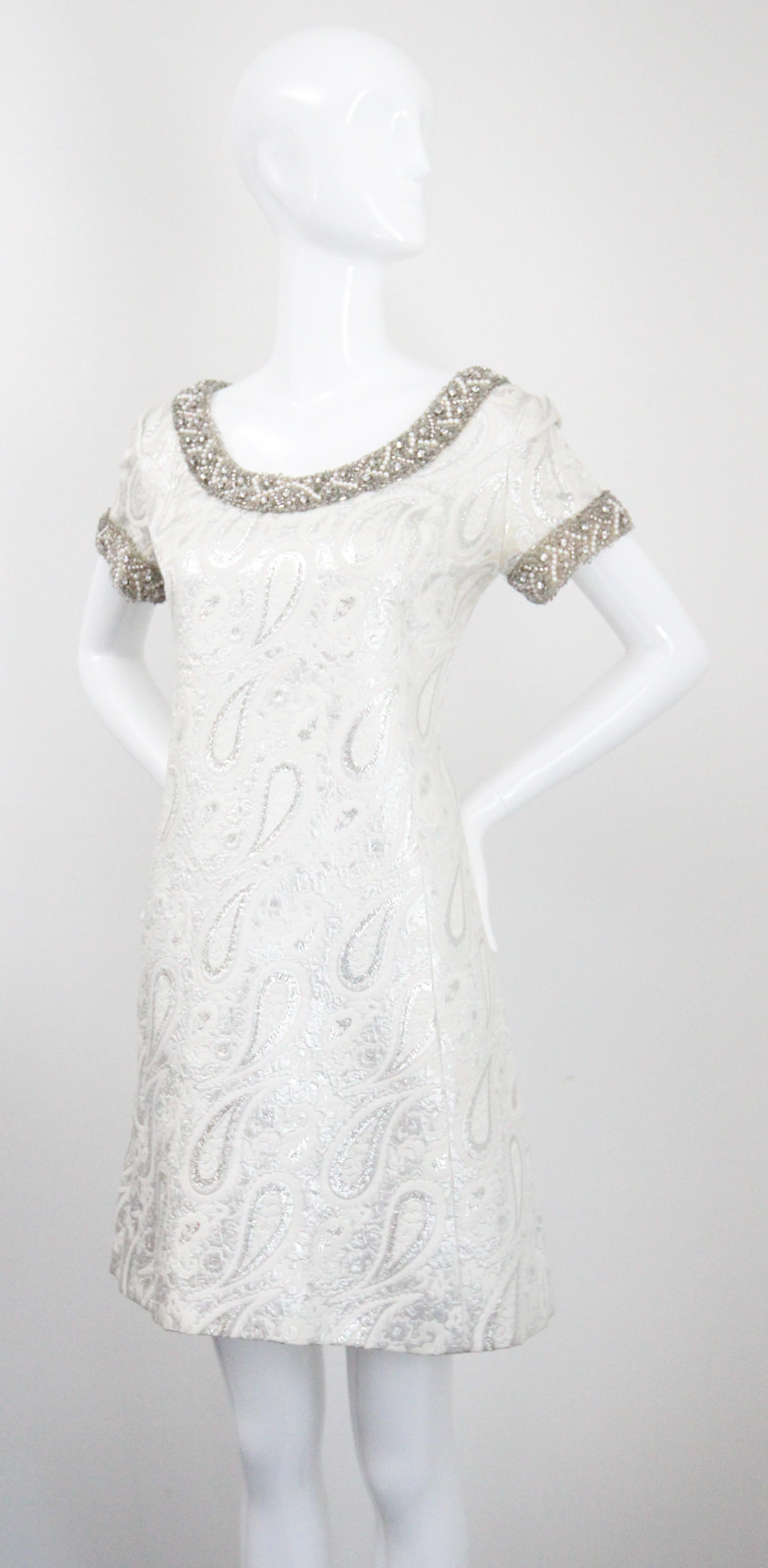 Vintage 1960s Silver Paisley Beaded Dress and coat set 1960s beaded UK 8 US 4 For Sale 3