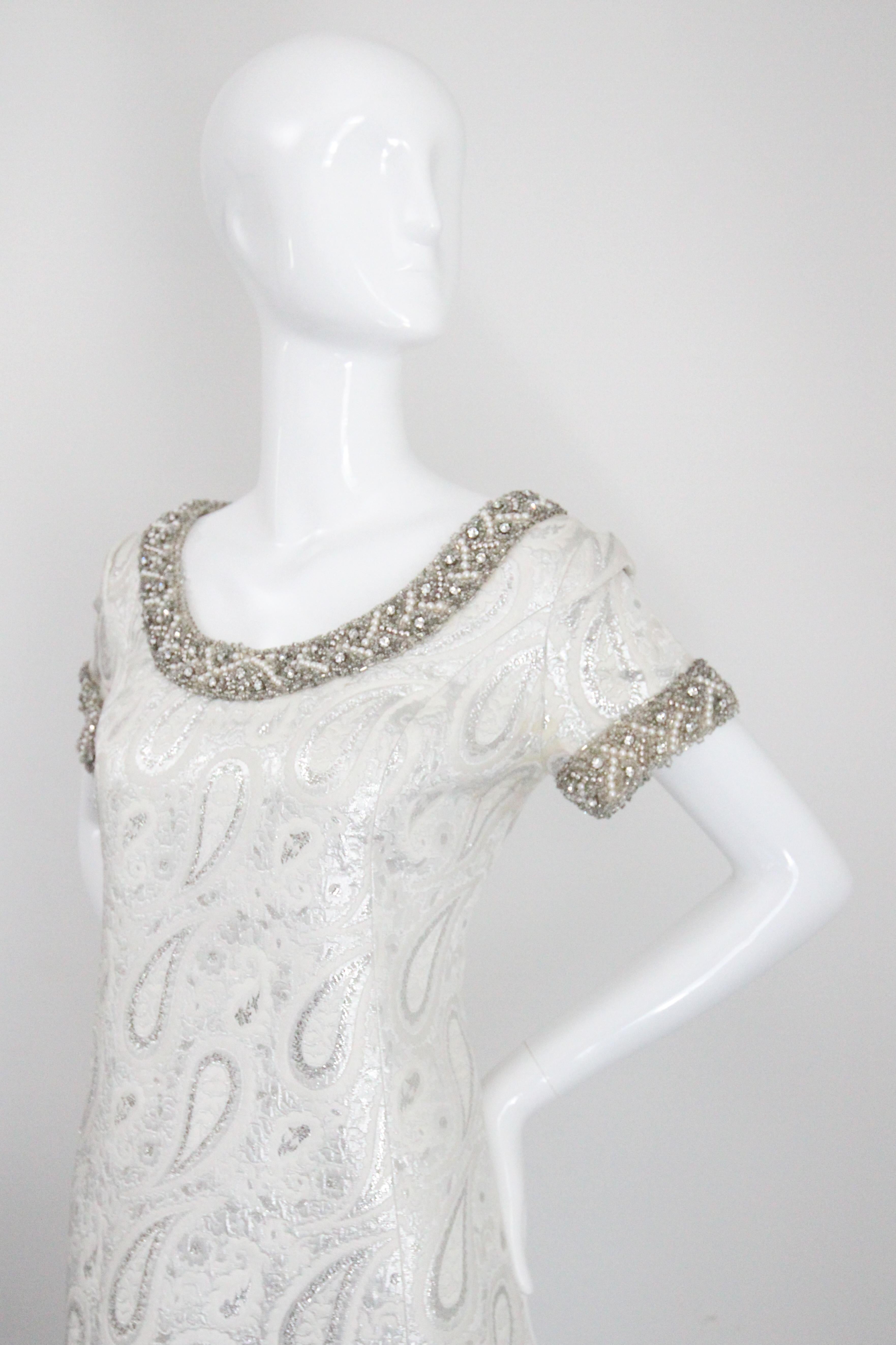 Vintage 1960s Silver Paisley Beaded Dress and coat set 1960s beaded UK 8 US 4 For Sale 4