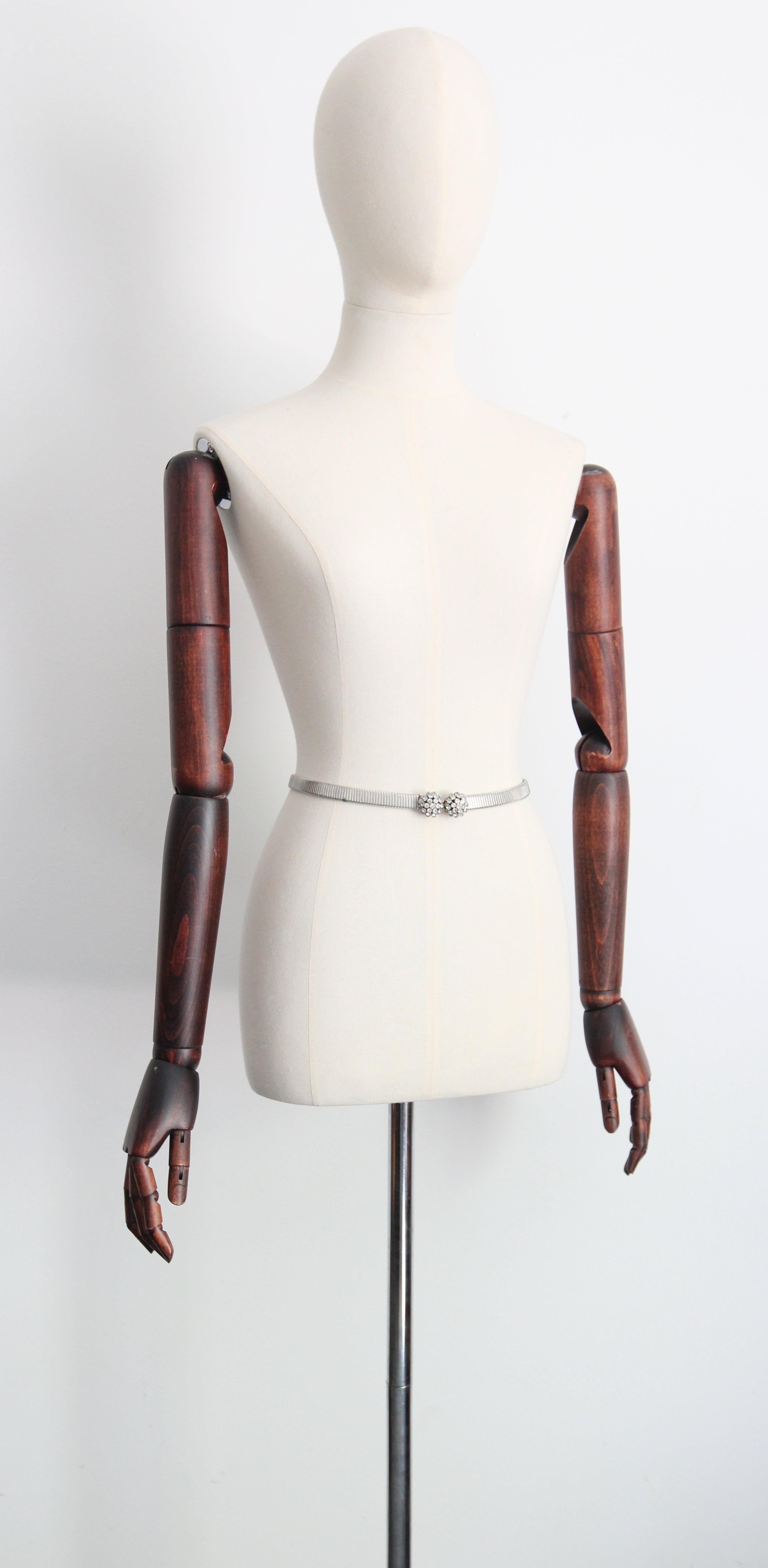 Beige Vintage 1960's silver rhinestone domes belt  1960's silver waist chain belt For Sale