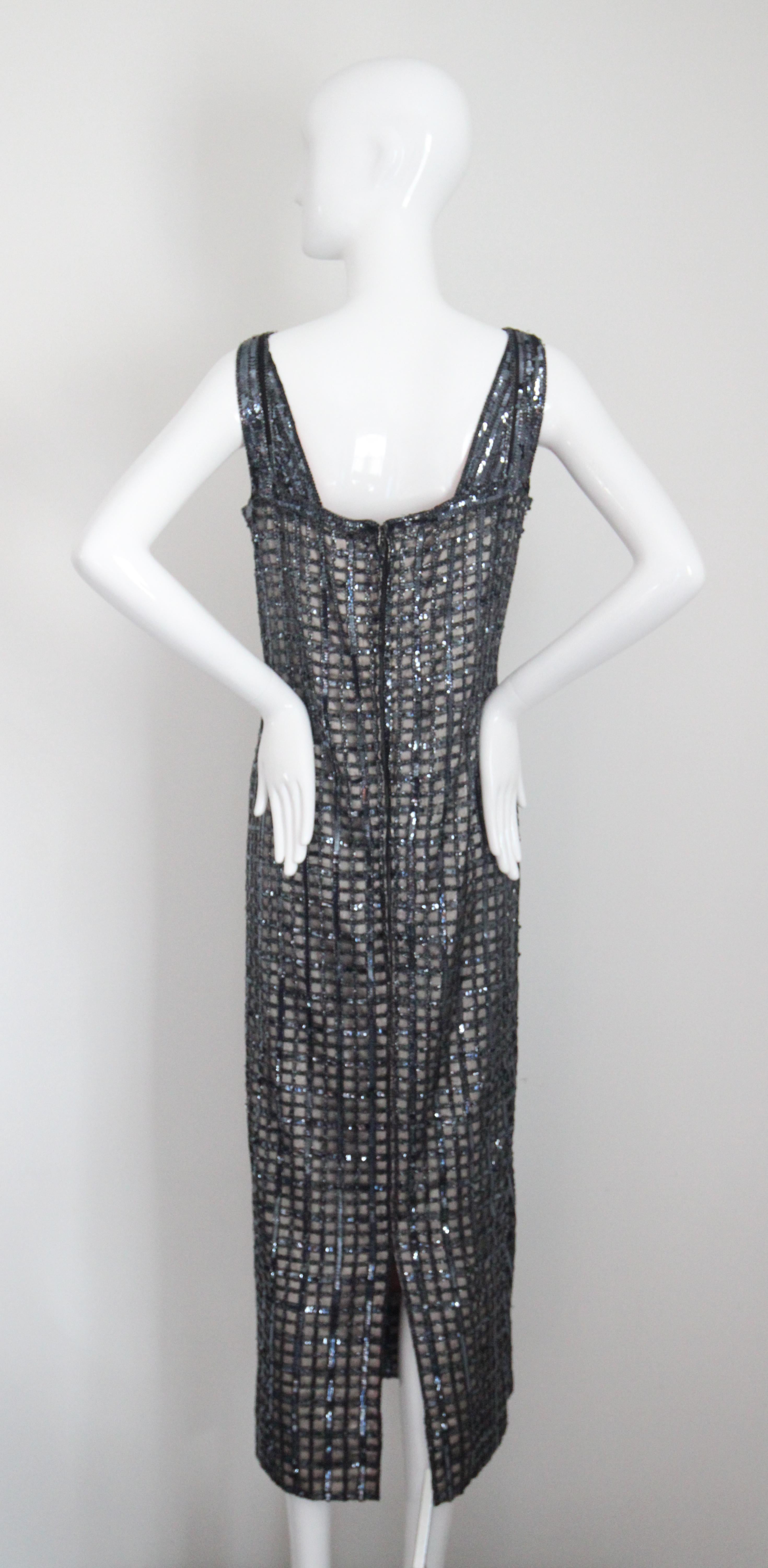 Vintage 1960's Silver Sequin Beaded Column Evening Dress UK 14-16 US 10-12 For Sale 5
