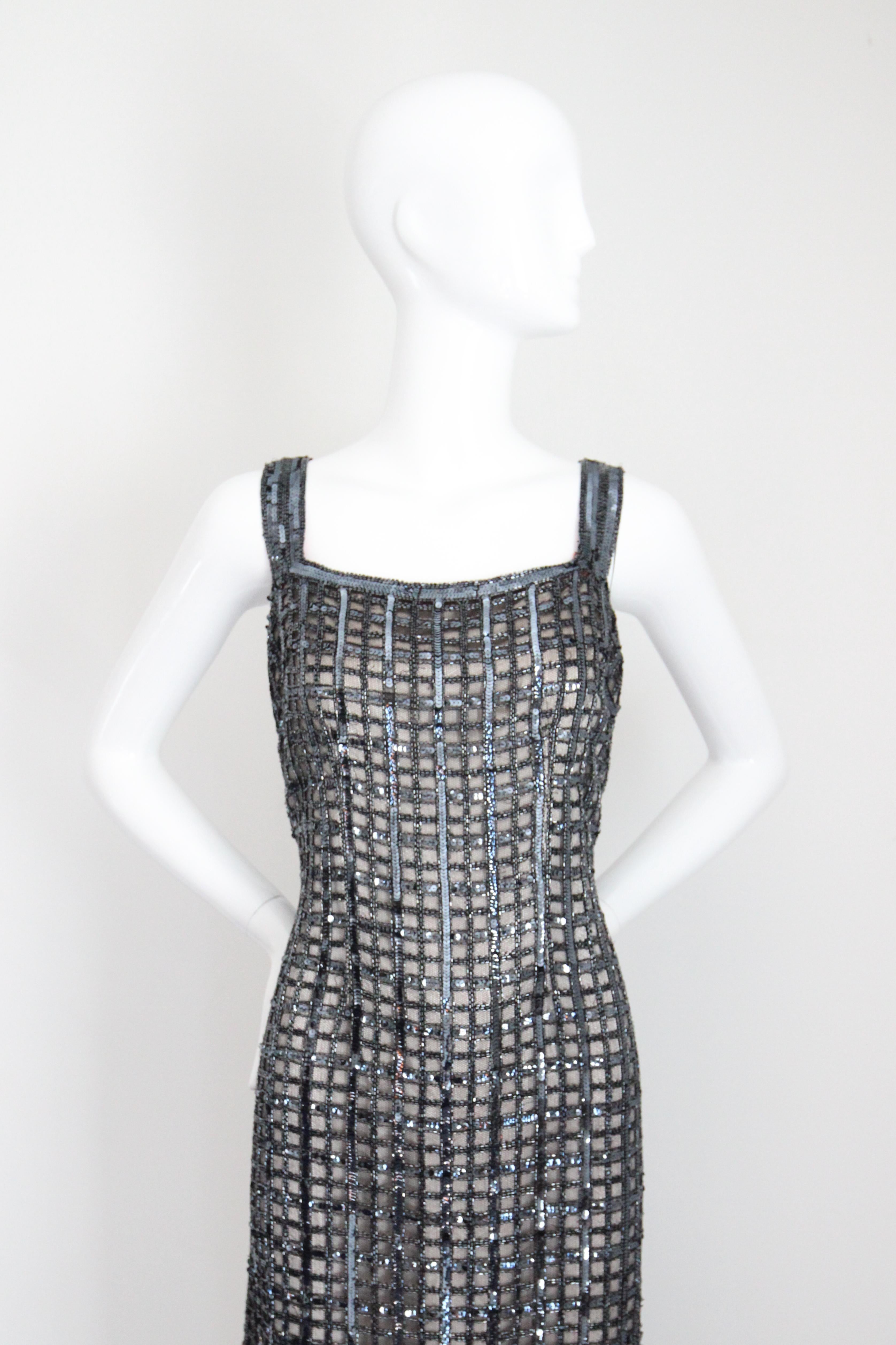 Black Vintage 1960's Silver Sequin Beaded Column Evening Dress UK 14-16 US 10-12 For Sale