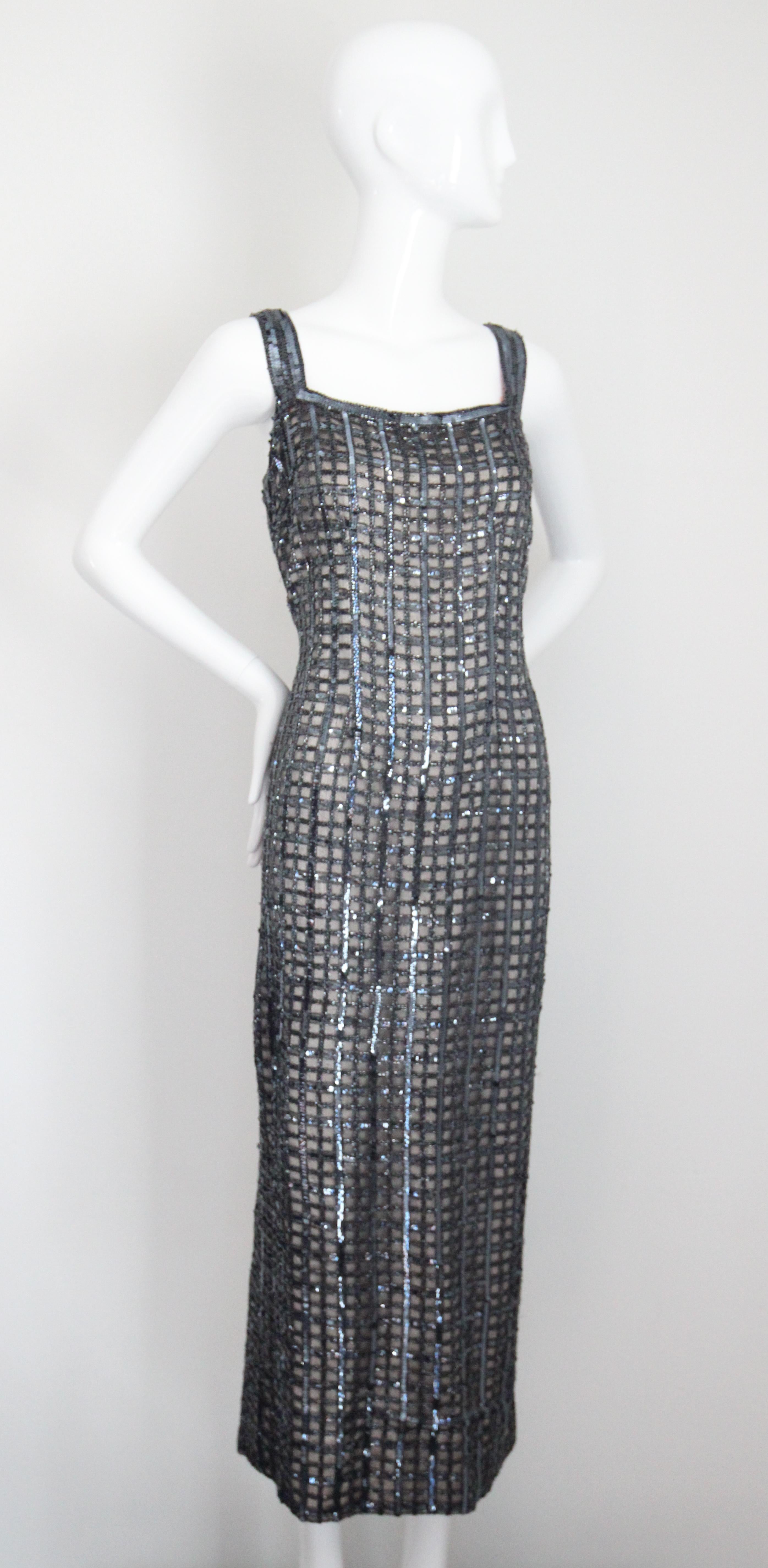 Women's Vintage 1960's Silver Sequin Beaded Column Evening Dress UK 14-16 US 10-12 For Sale