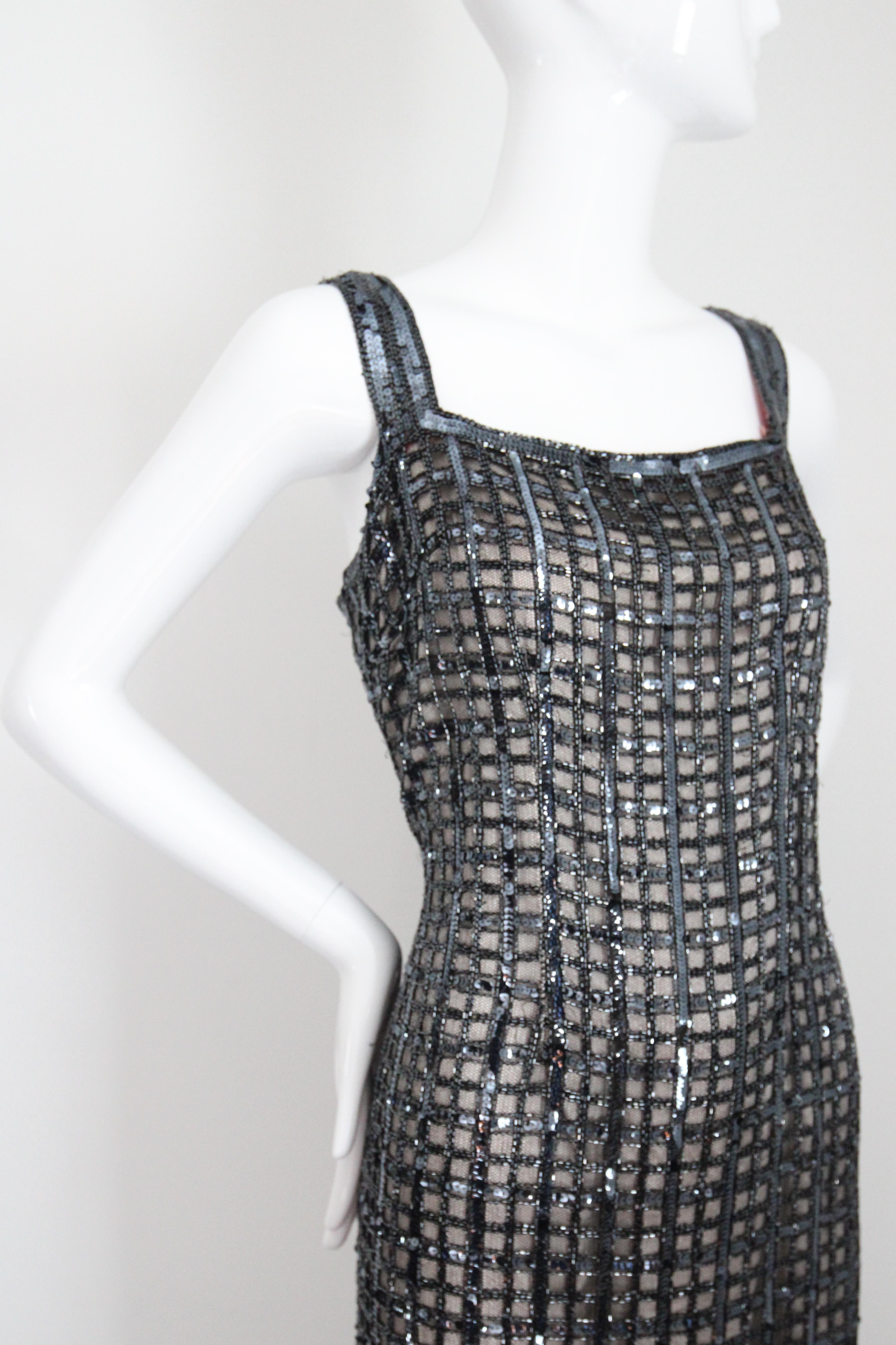 Vintage 1960's Silver Sequin Beaded Column Evening Dress UK 14-16 US 10-12 For Sale 1