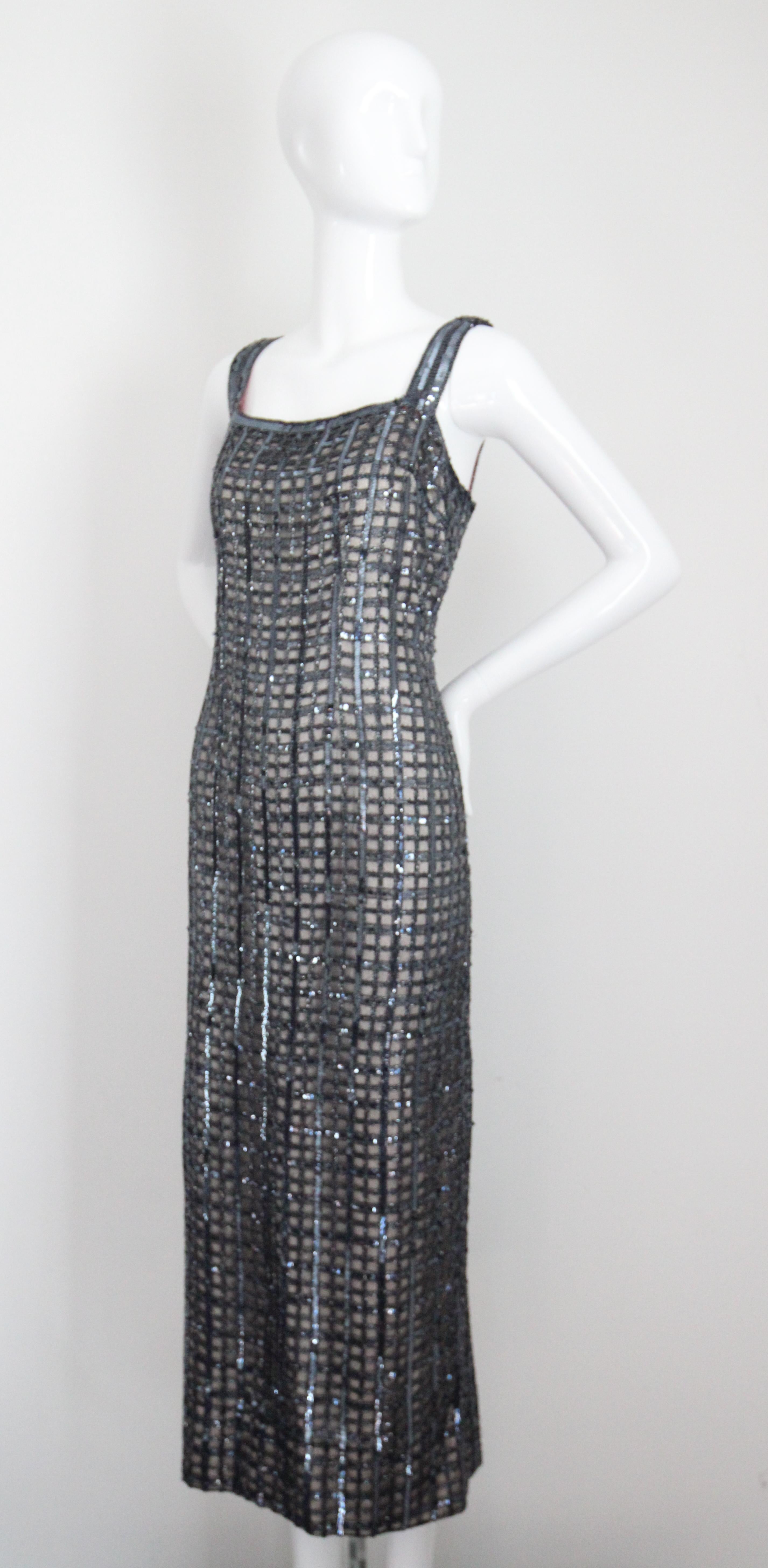 Vintage 1960's Silver Sequin Beaded Column Evening Dress UK 14-16 US 10-12 For Sale 2