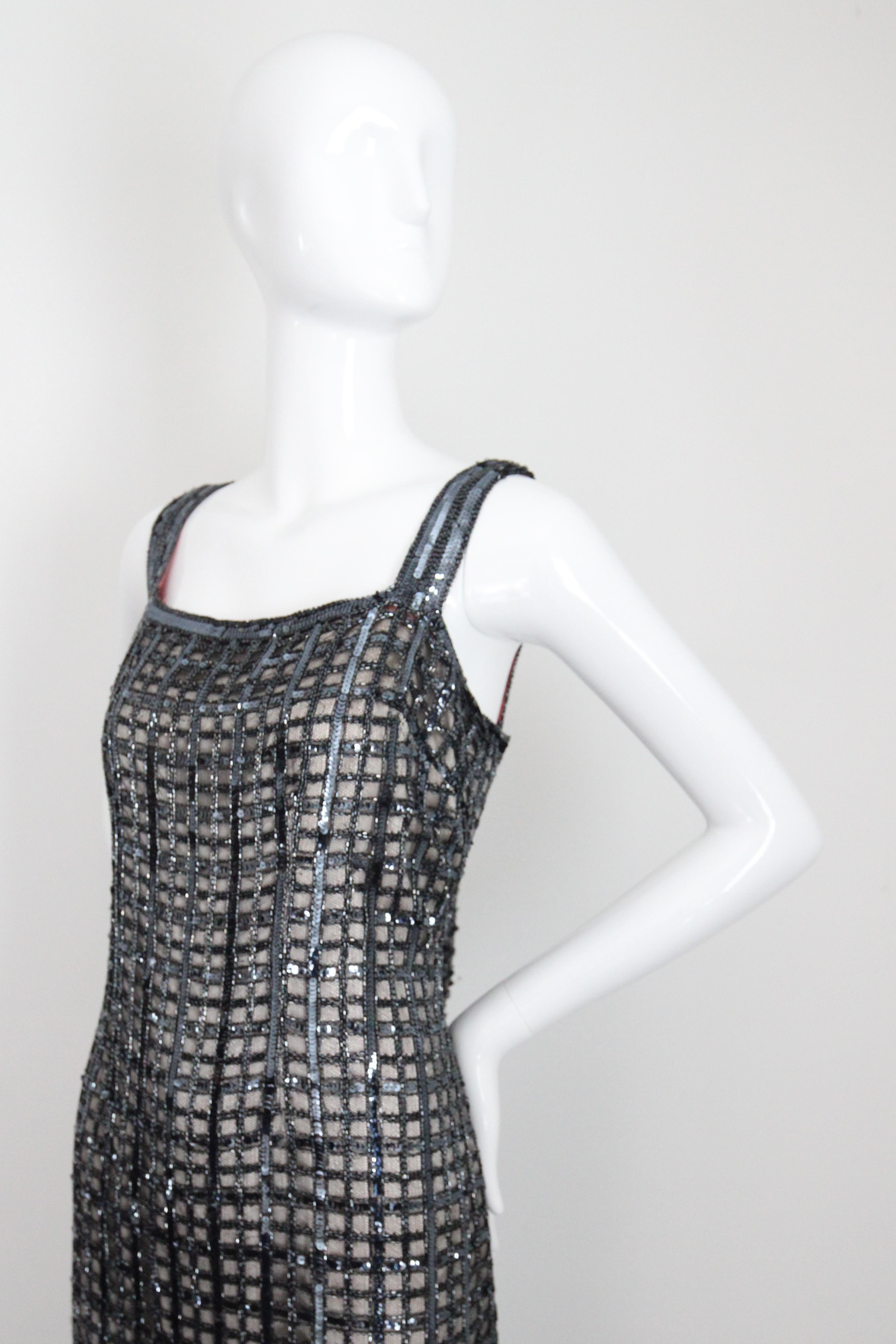 Vintage 1960's Silver Sequin Beaded Column Evening Dress UK 14-16 US 10-12 For Sale 3