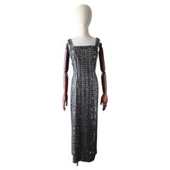 Vintage 1960's Silver Sequin Beaded Column Evening Dress UK 14-16 US 10-12