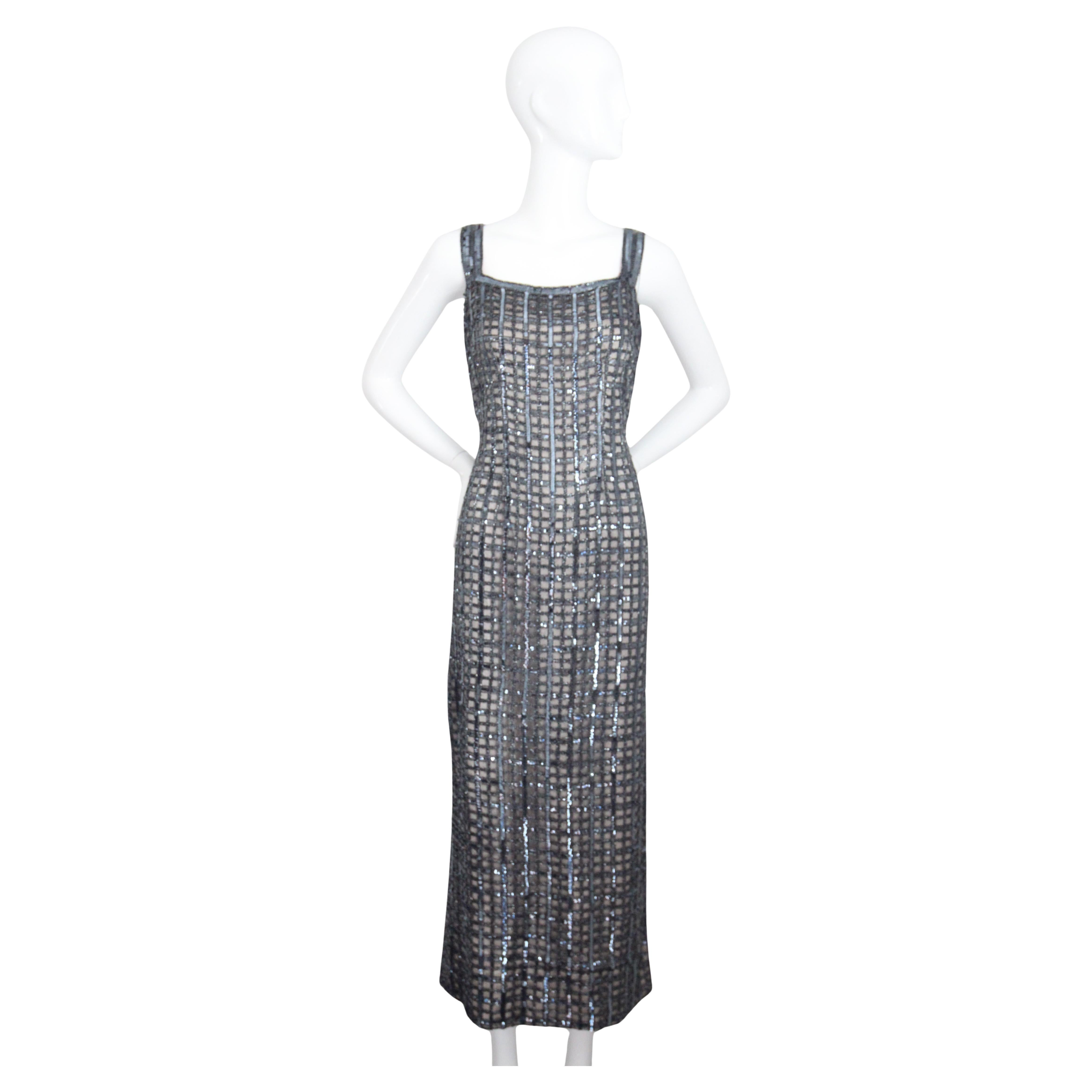 Vintage 1960's Silver Sequin Beaded Column Evening Dress UK 14-16 US 10-12 For Sale