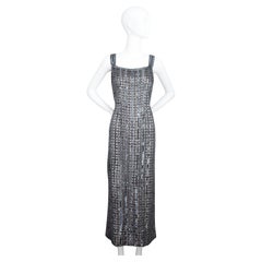 Robe de soirée colonne perlée à paillettes argentées vintage des années 1960 GB 14-16 US 10-12