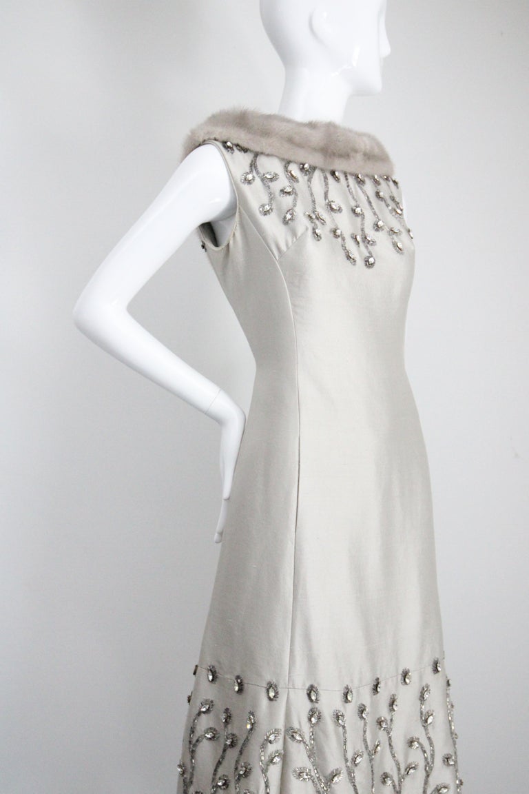 Vintage 1960's silver silk rhinestone Lillie Rubin winter cocktail dress UK  12 For Sale at 1stDibs